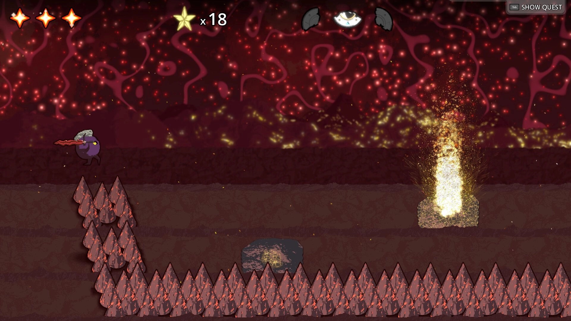 CorAstral: Character running with sword avoiding spikes and fire in a glowing cavern environment.