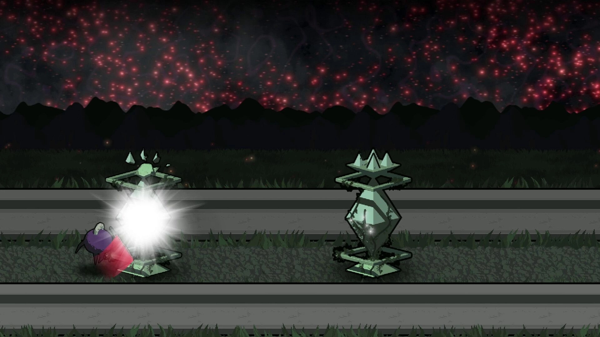 CorAstral: Player dodging glowing obstacle on a dark track beneath a starry sky with red accents