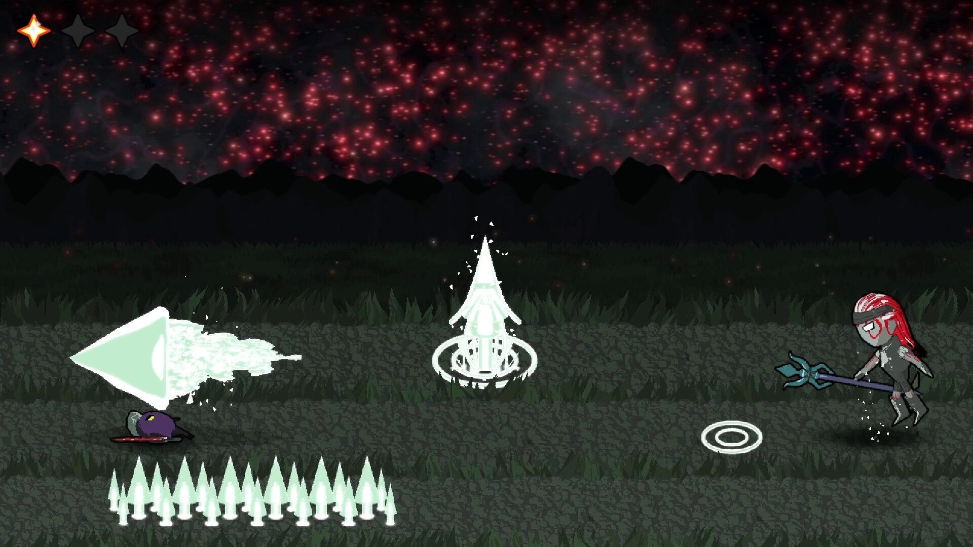 CorAstral: Player dodging spikes and enemy with staff in dark forest setting under starry sky
