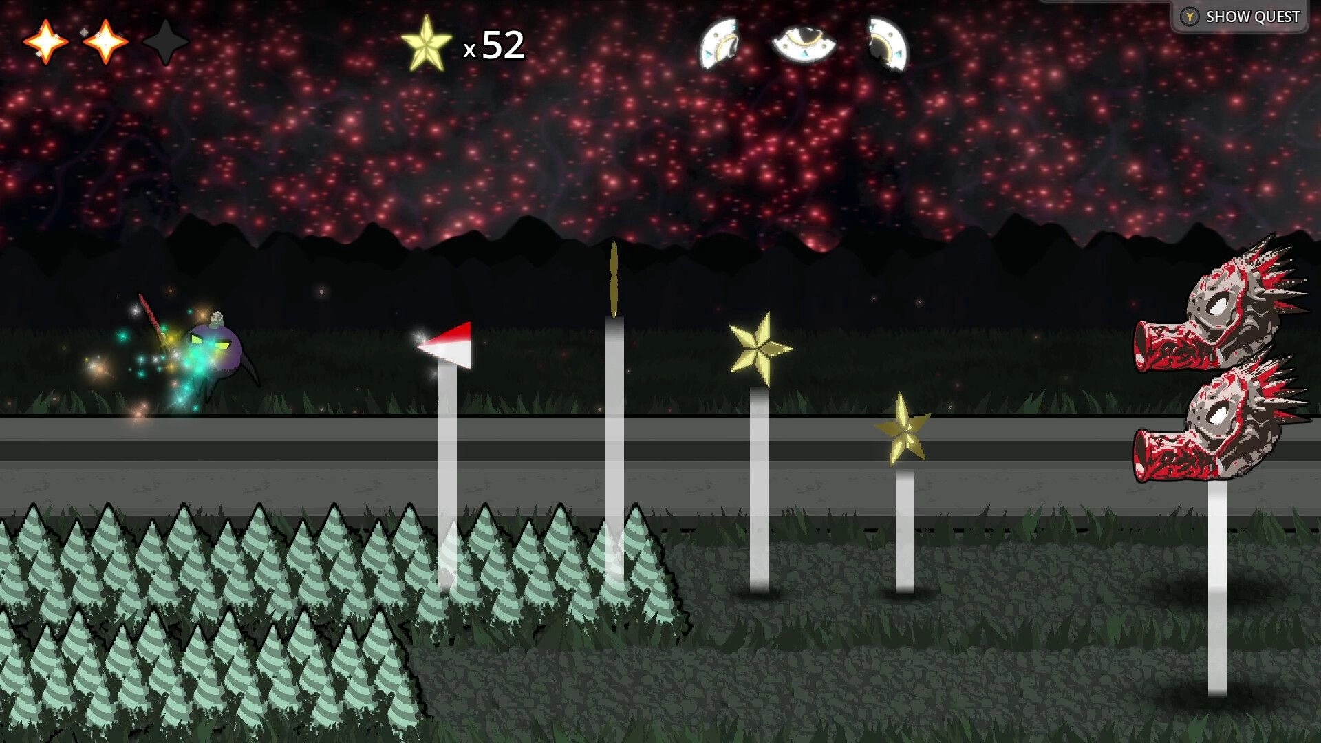 CorAstral: Player dodges obstacles and collects stars in a dark forest with a starry sky background.