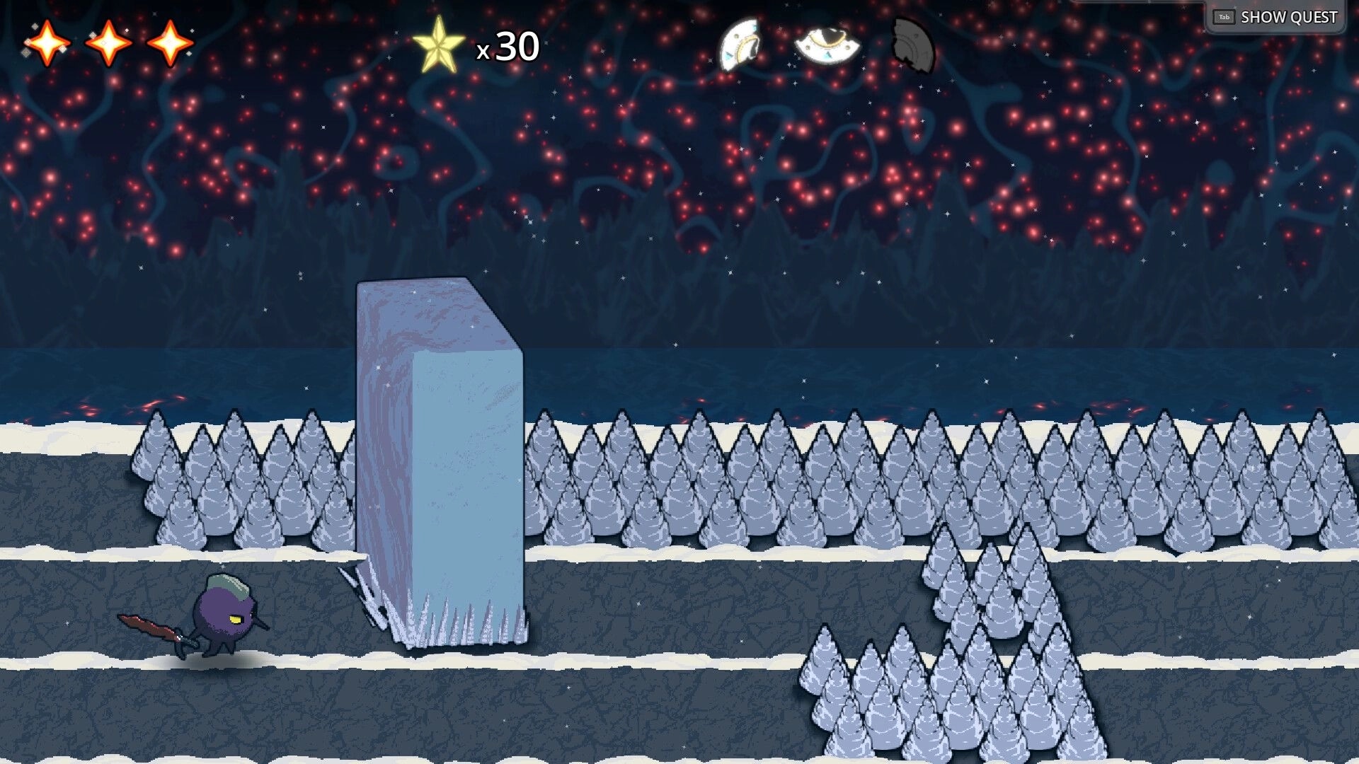 CorAstral: Character runs with sword in icy forest, dodging large ice blocks under starry night sky