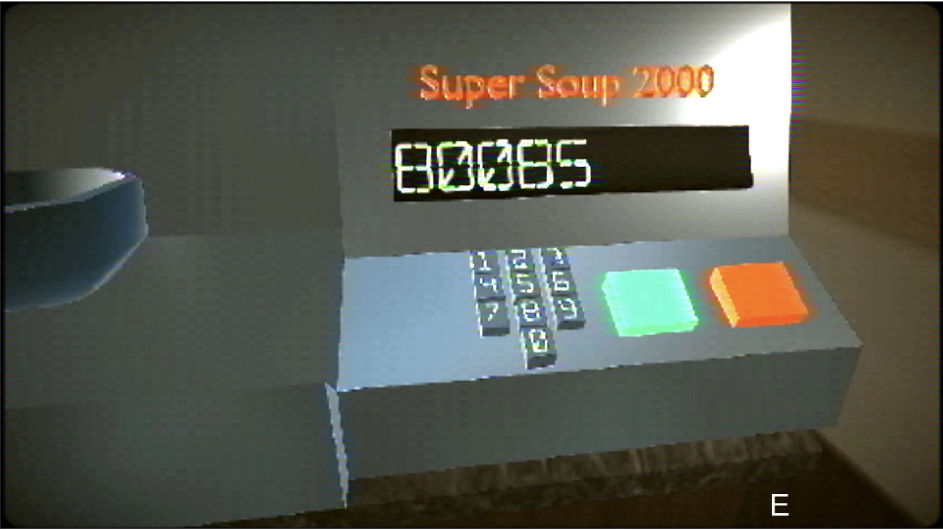 Corbaci: Super Soup 2000 interface with keypad and glowing buttons in a dimly lit soup shop setting
