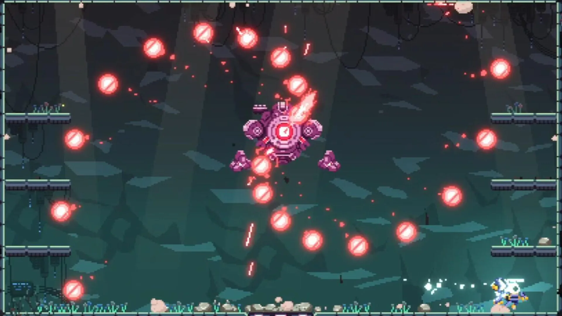 Corebreaker: Nova dodges energy blasts from a hovering robot in a dark, cavernous platform environment.