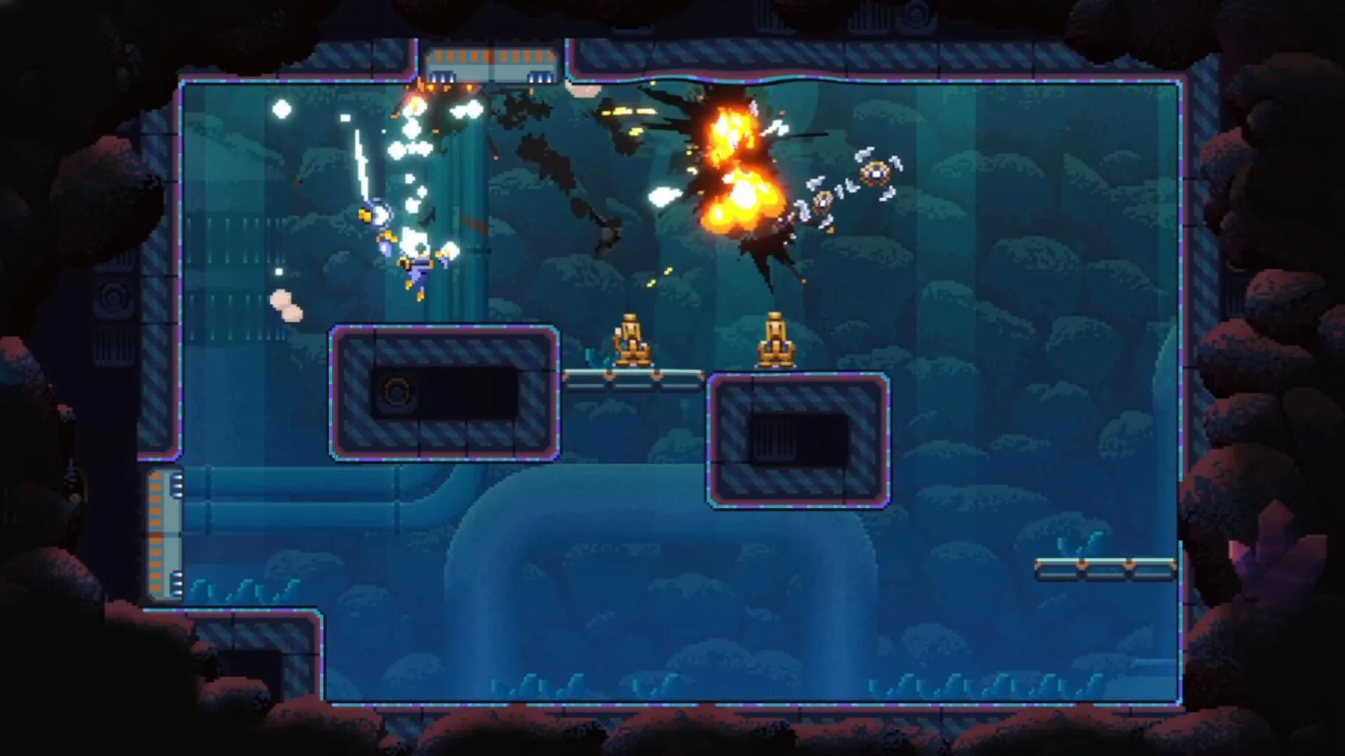 Corebreaker: Nova battling drones with explosions in a tech-themed underground cavern environment