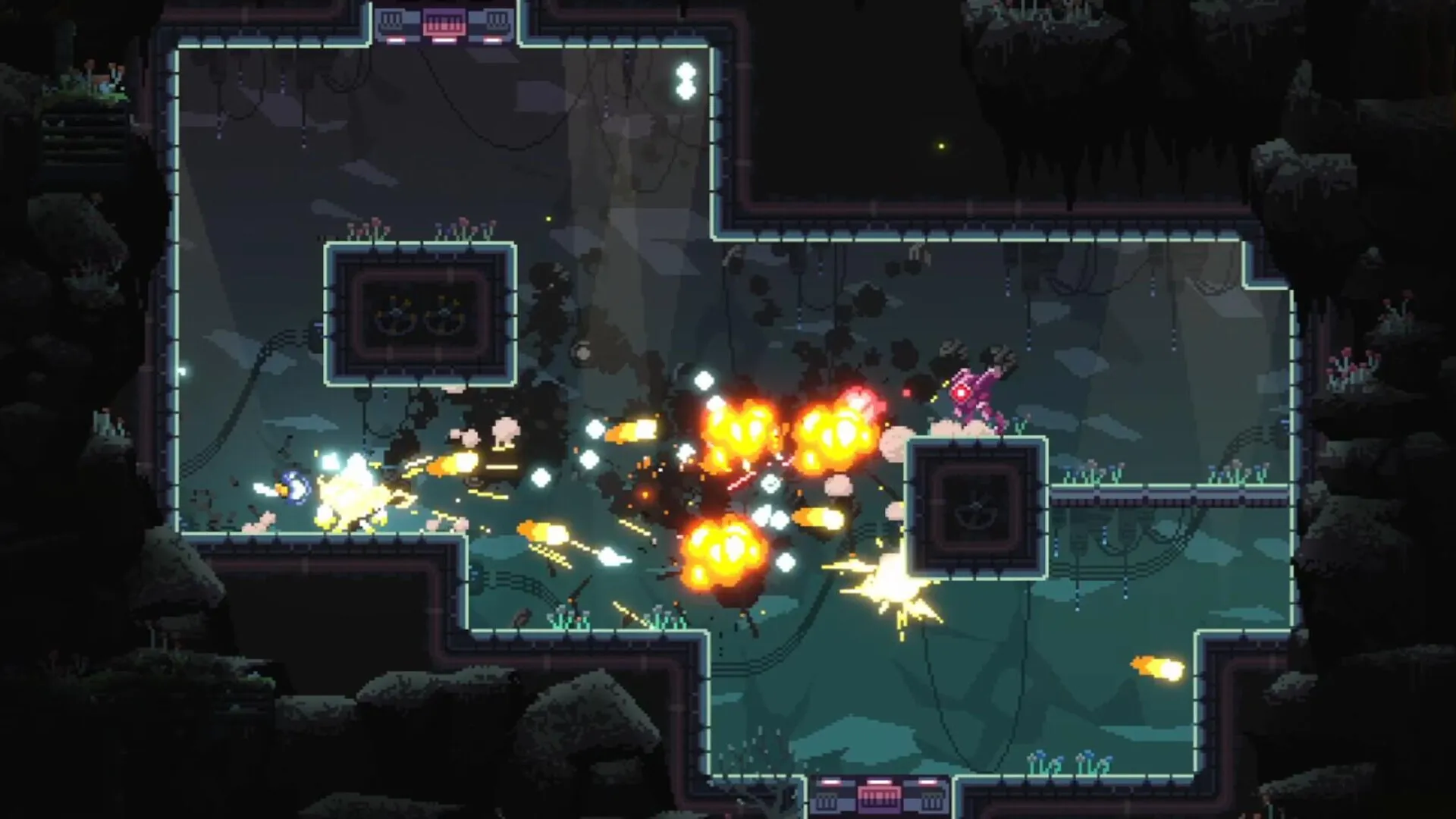Corebreaker: Nova engages in intense combat with robots in a dark, industrial platforming environment.