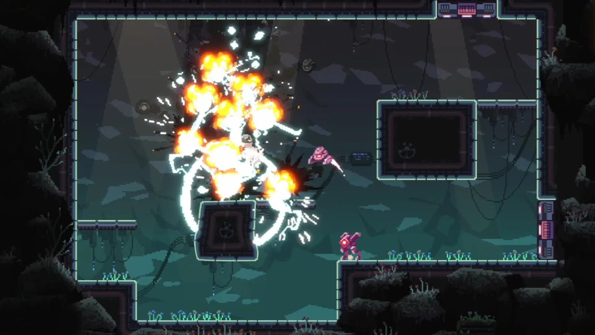 Corebreaker: Nova battles enemies amidst explosions in a dimly lit underground facility.