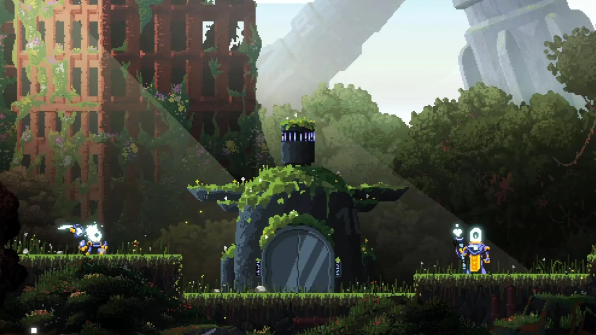 Corebreaker: Nova explores overgrown ruins with a mysterious structure in a lush forest environment