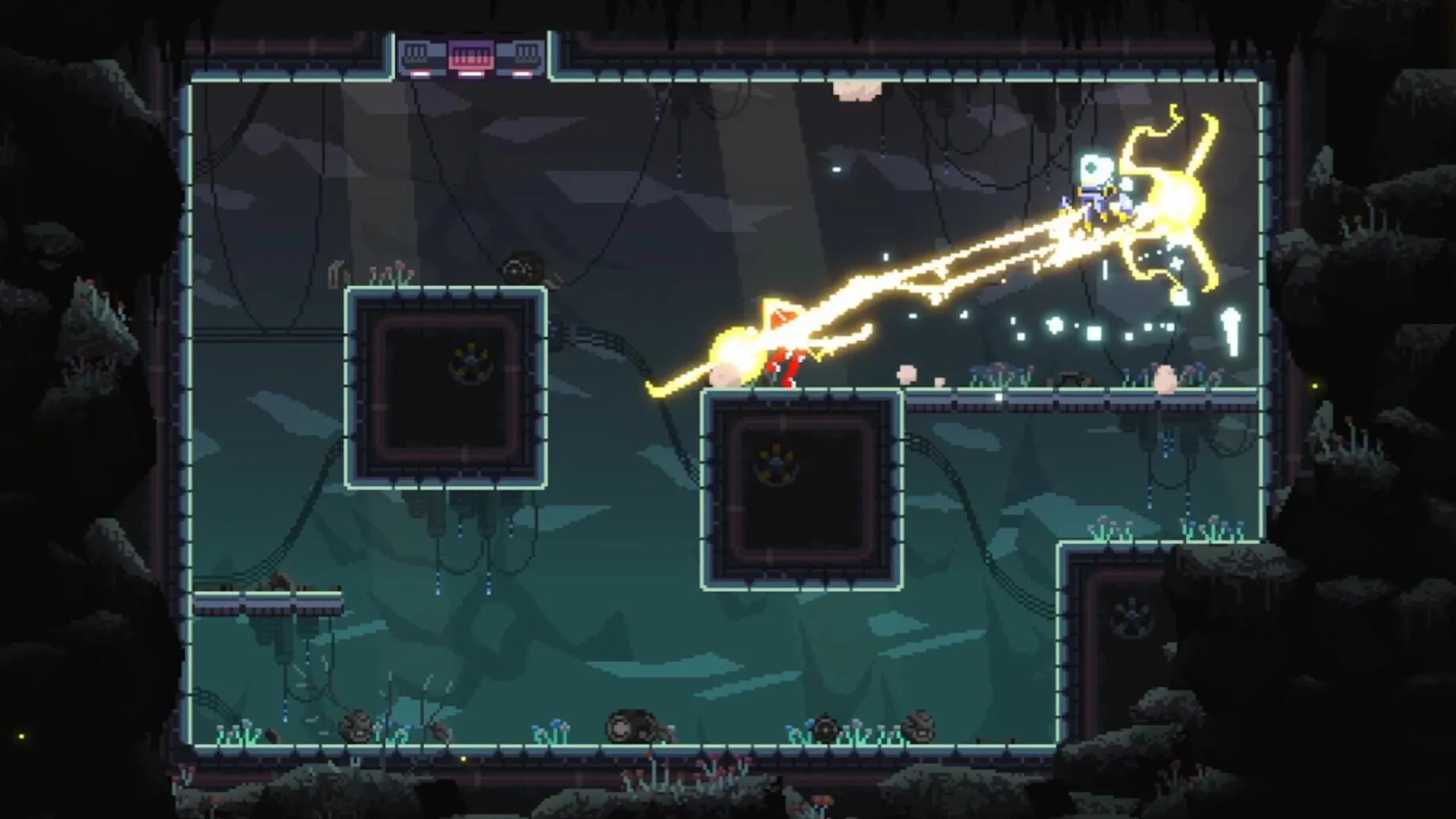 Corebreaker: Nova attacking robot with energy blast in underground platforming level with obstacles