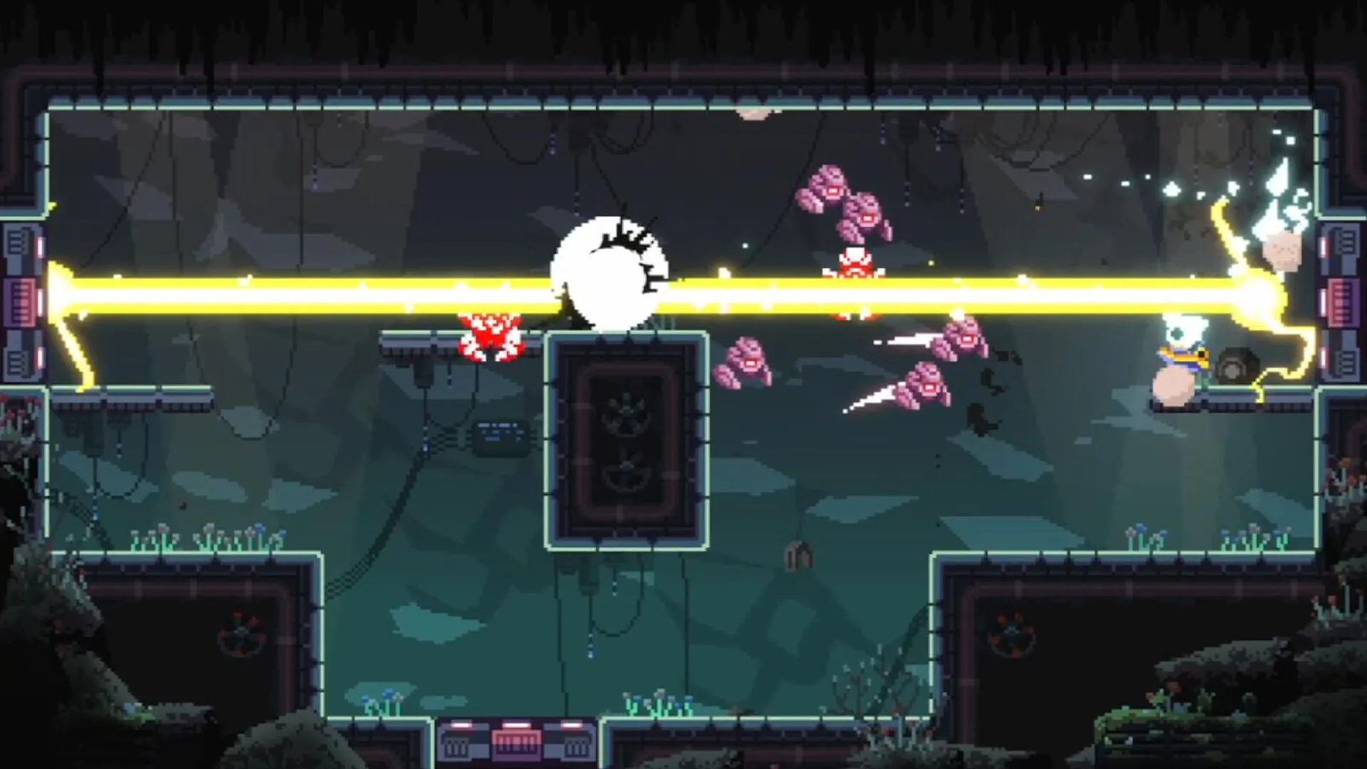 Corebreaker: Nova battling robots with a powerful laser in a dimly lit, mechanical environment