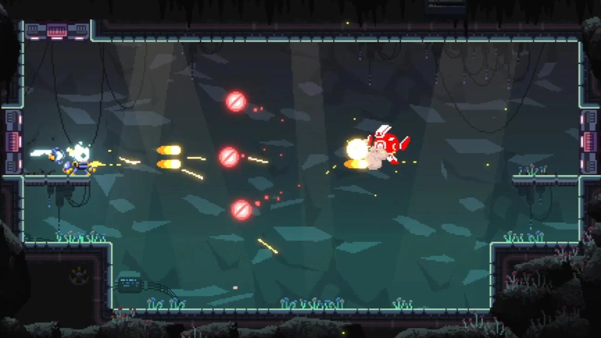 Corebreaker: Nova battles a red robot in a dark, cavernous platformer level with energy projectiles.