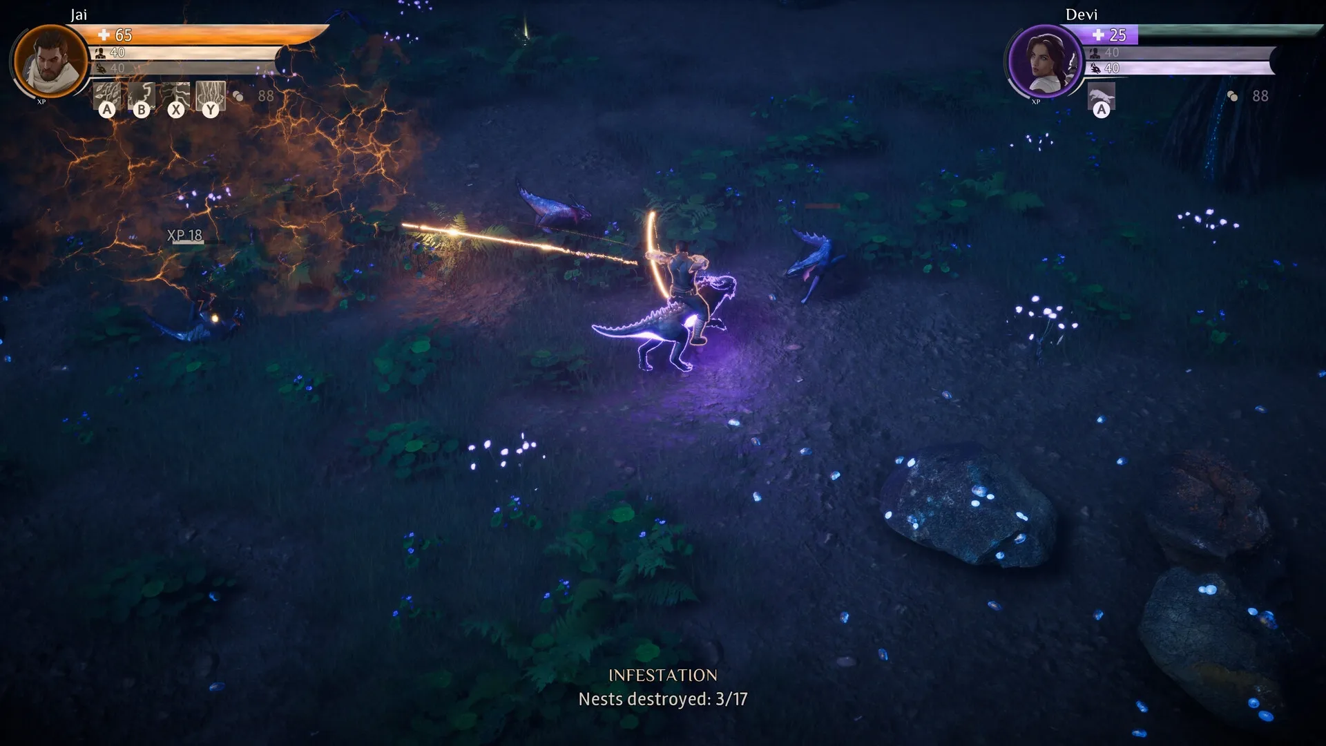 Coridden: Jai battles enemies in a forest while riding a beast, with health bars and abilities displayed.