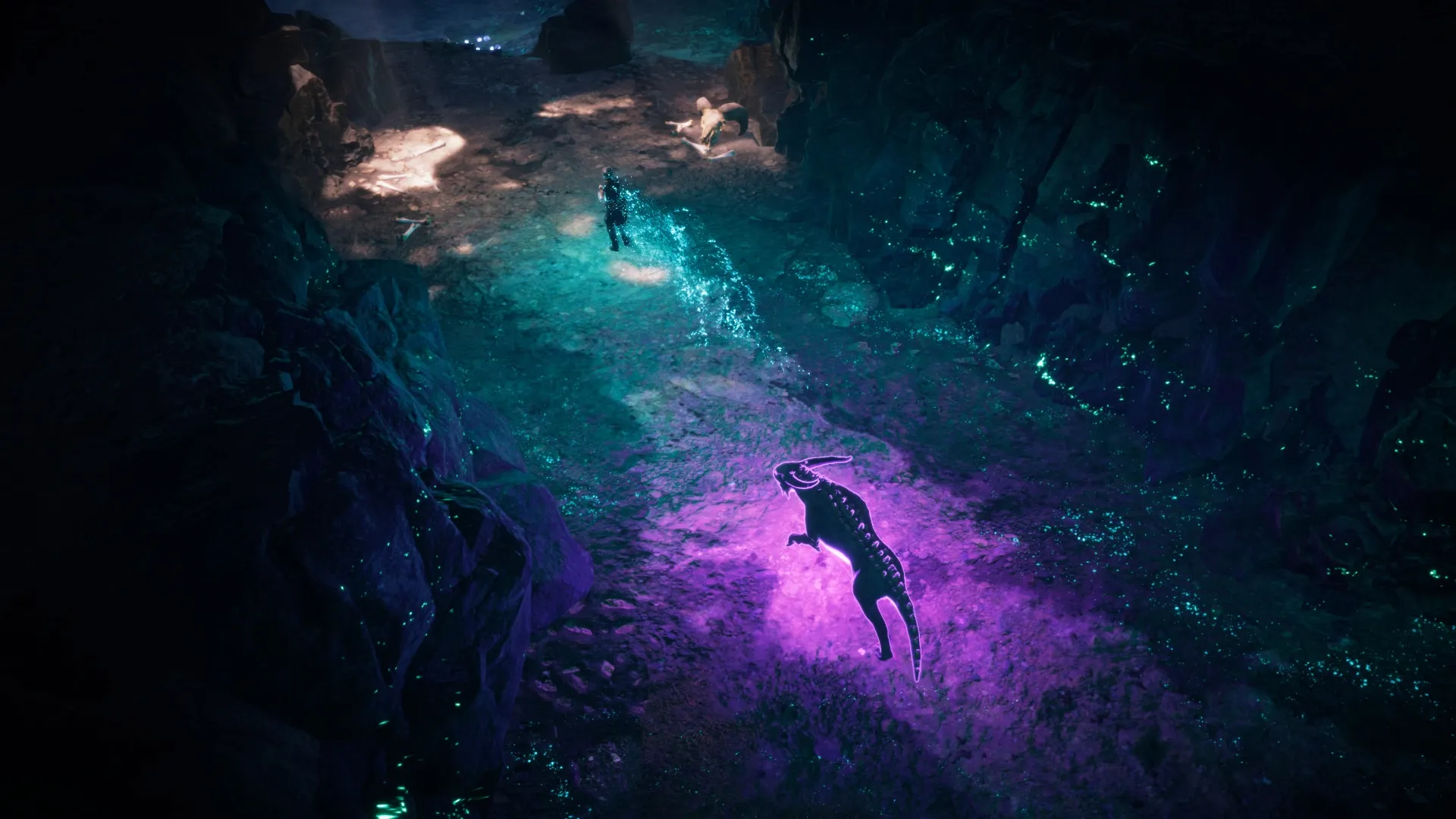 Coridden: Player character approaches glowing purple beast in dark, mystical cave environment
