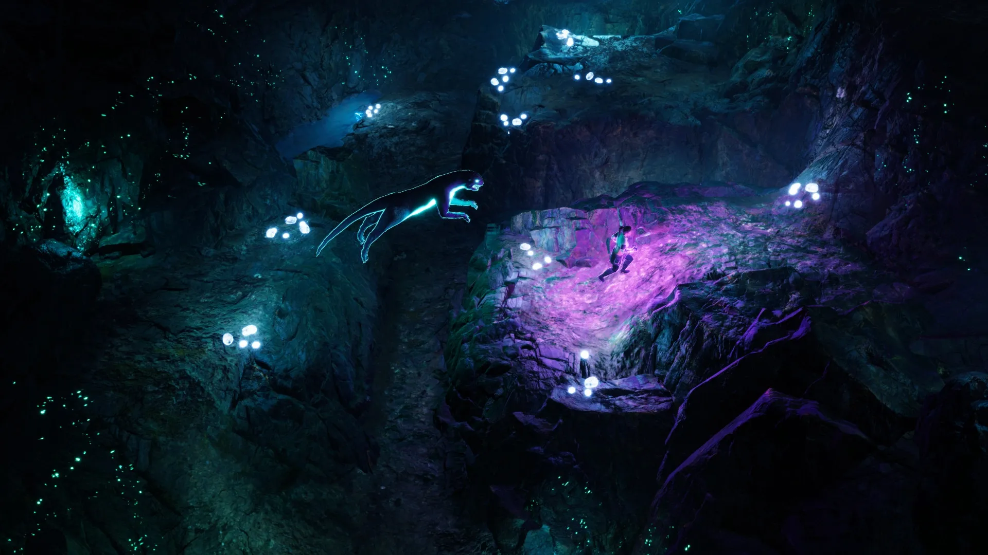 Coridden: Player character evades glowing beast in dark, mystical cave with luminescent flora.