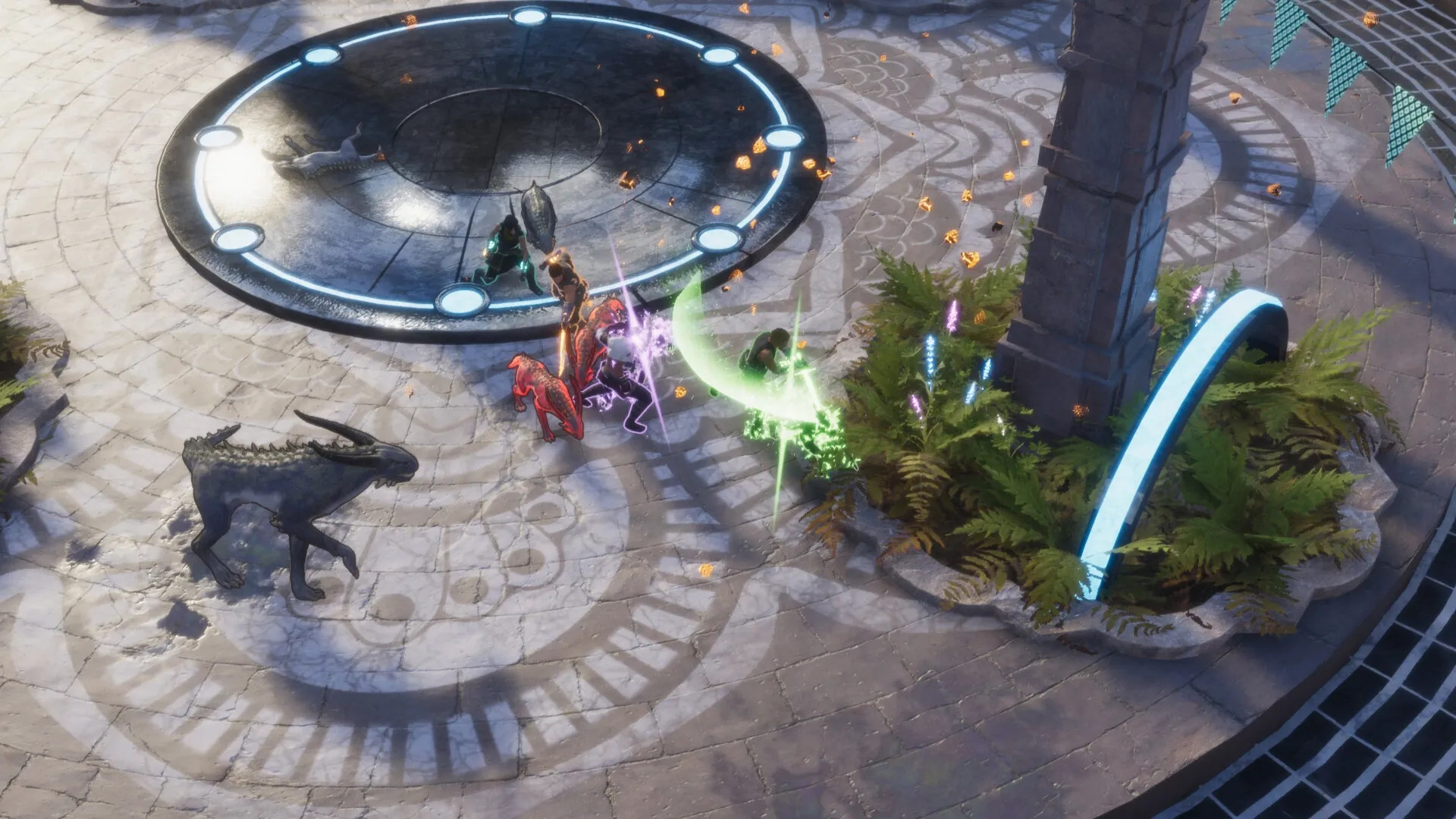 Coridden: Characters battling near a circular platform with glowing orbs in an ancient stone courtyard