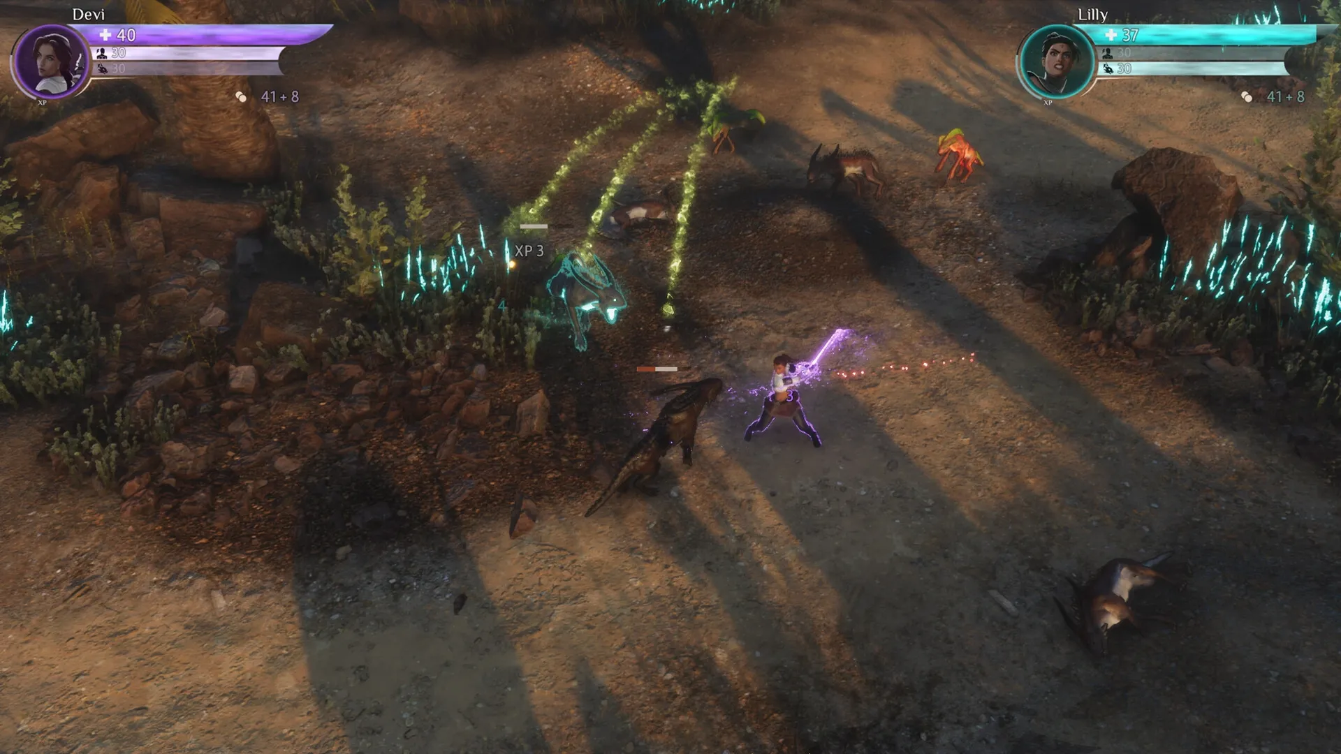 Coridden: Devi and Lilly battling creatures with glowing effects in a rocky, illuminated terrain