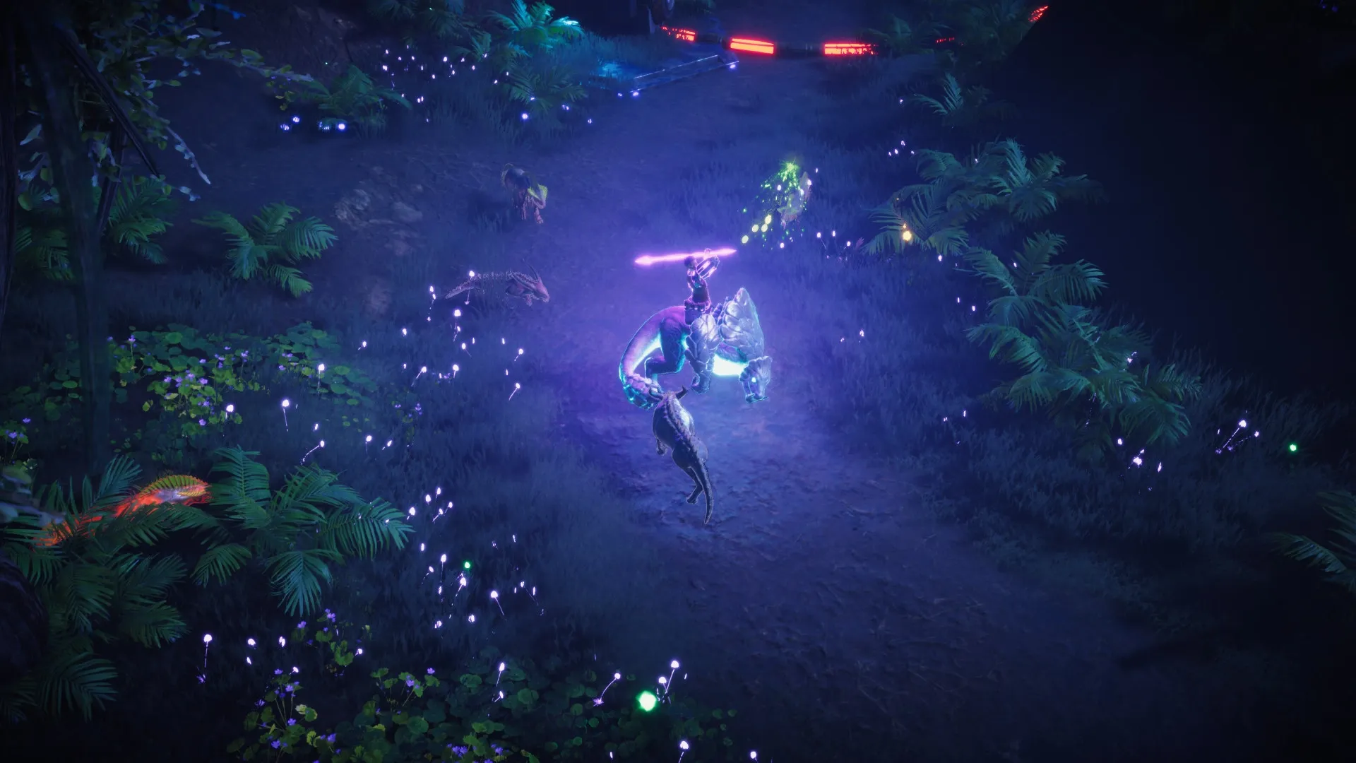 Coridden: Character riding a glowing beast, wielding a purple weapon, surrounded by lush, dark forest