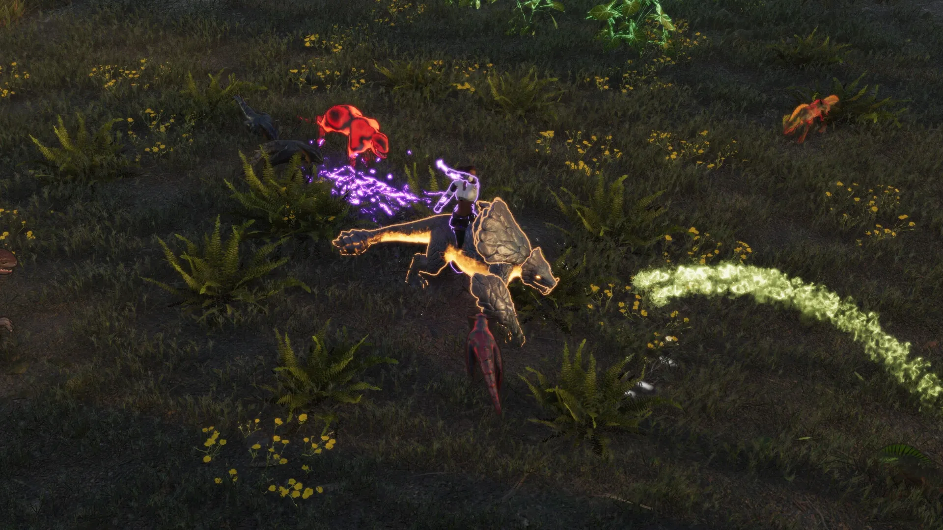 Coridden: Player rides a beast using magic attack on red enemies in a grassy field with yellow flowers