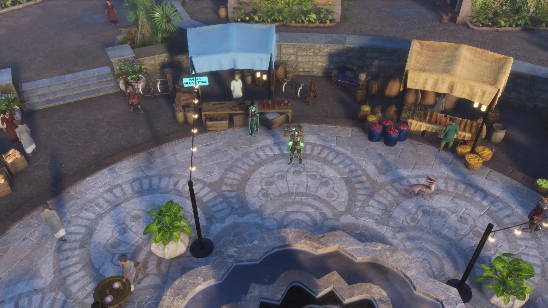 Coridden: Two characters in a bustling marketplace with weapon and food stalls under blue and tan canopies.