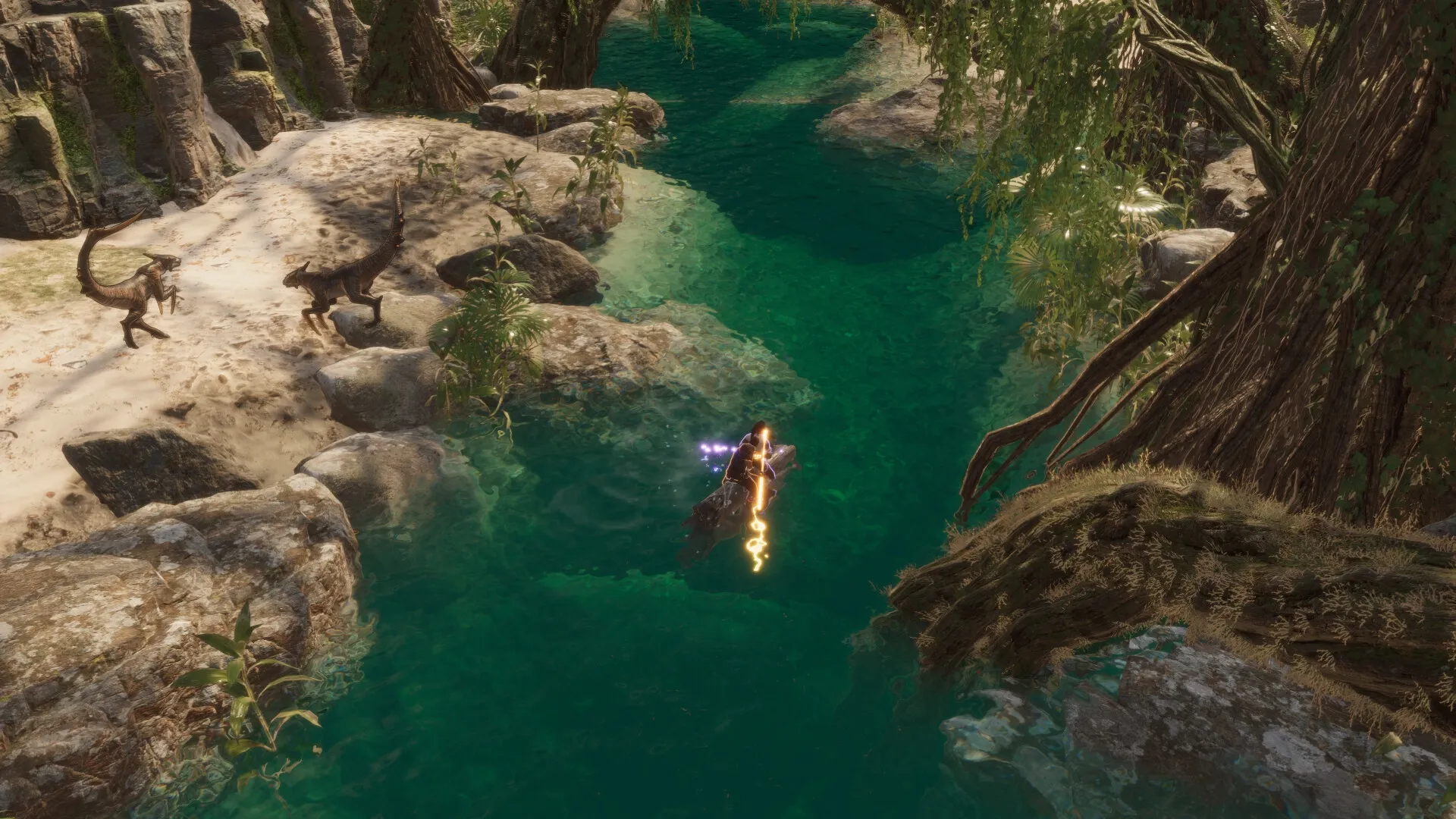 Coridden: Player riding beast through lush river, two creatures on shore in dense jungle environment