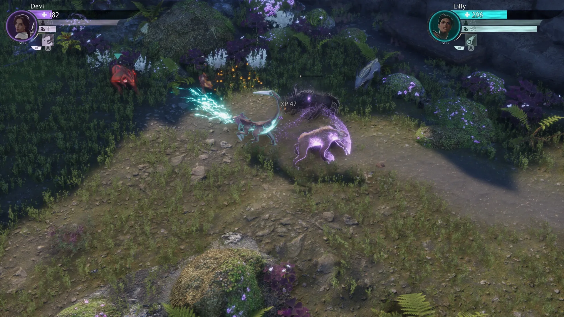 Coridden: Devi and Lilly in beast form battling creatures in lush forest environment, health bars visible