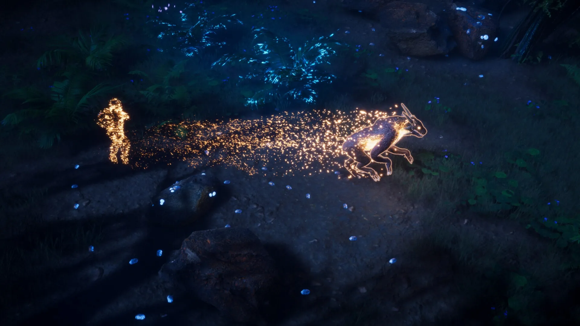 Coridden: Shapeshifting character transforms into glowing beast form in a dark forest environment.