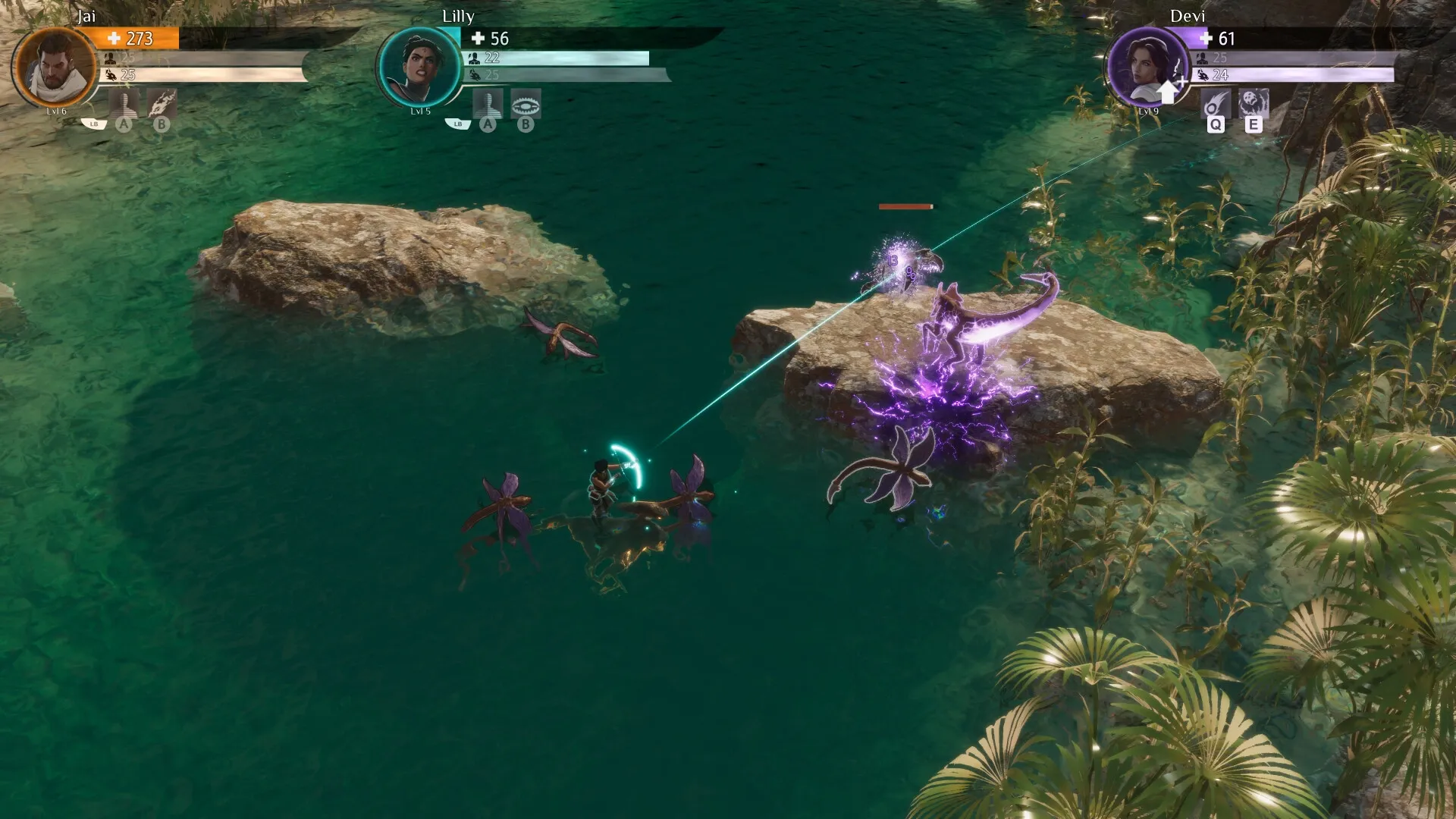 Coridden: Jai and Lilly combat magical enemies on a river with health bars and abilities displayed
