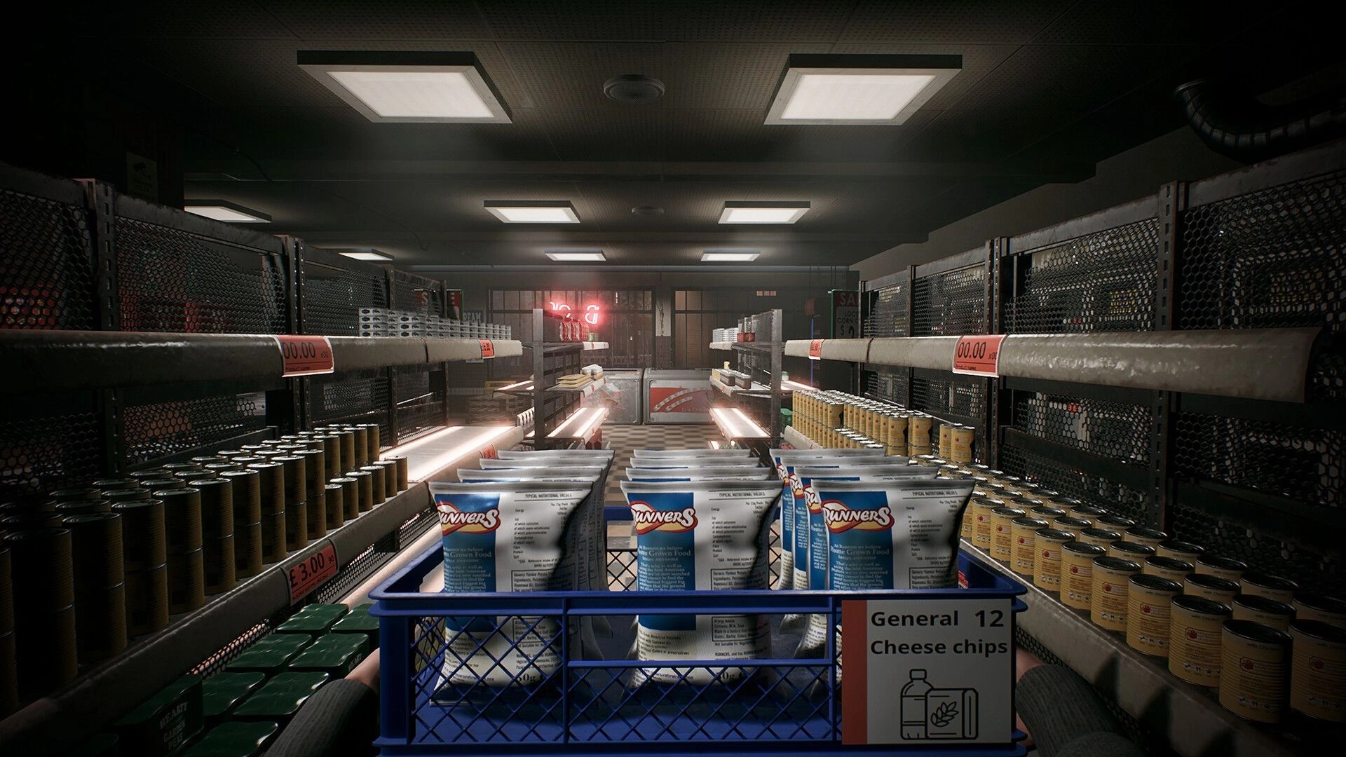 Corner Shop: Stocking shelves with canned goods and chips in dimly lit store aisle during night shift