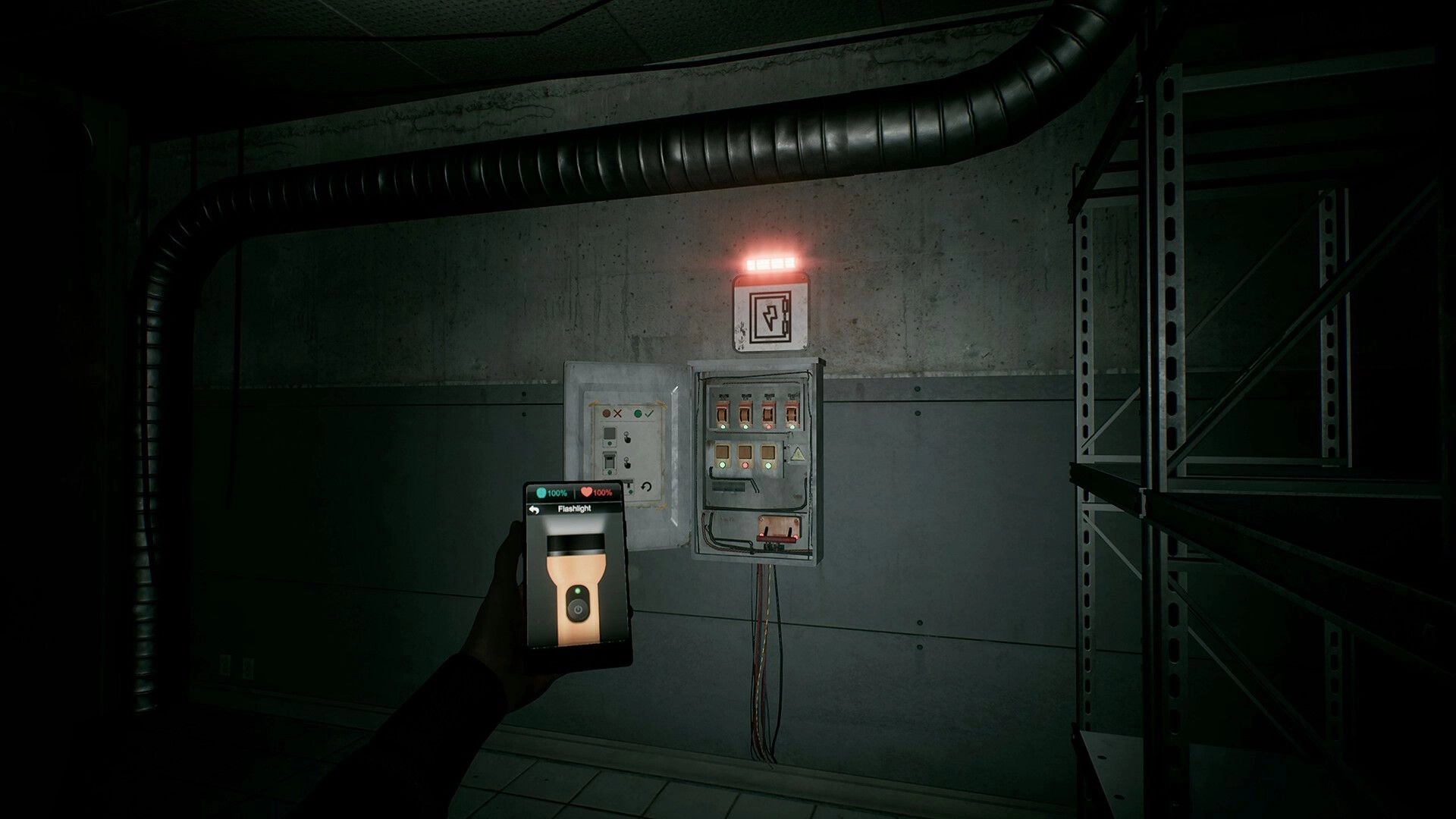 Corner Shop: Player holding phone flashlight in dimly lit storage room with electrical panel on wall