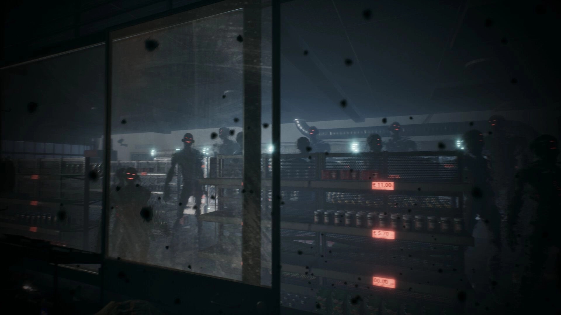 Corner Shop: Dark aisles with eerie silhouettes and glowing eyes behind a glass panel in a dimly lit store.
