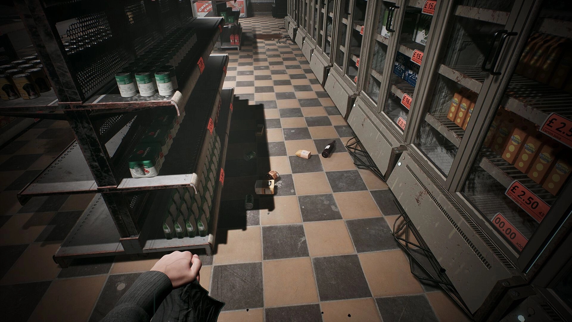 Corner Shop: First-person view of cluttered store aisle with spilled items and stocked shelves
