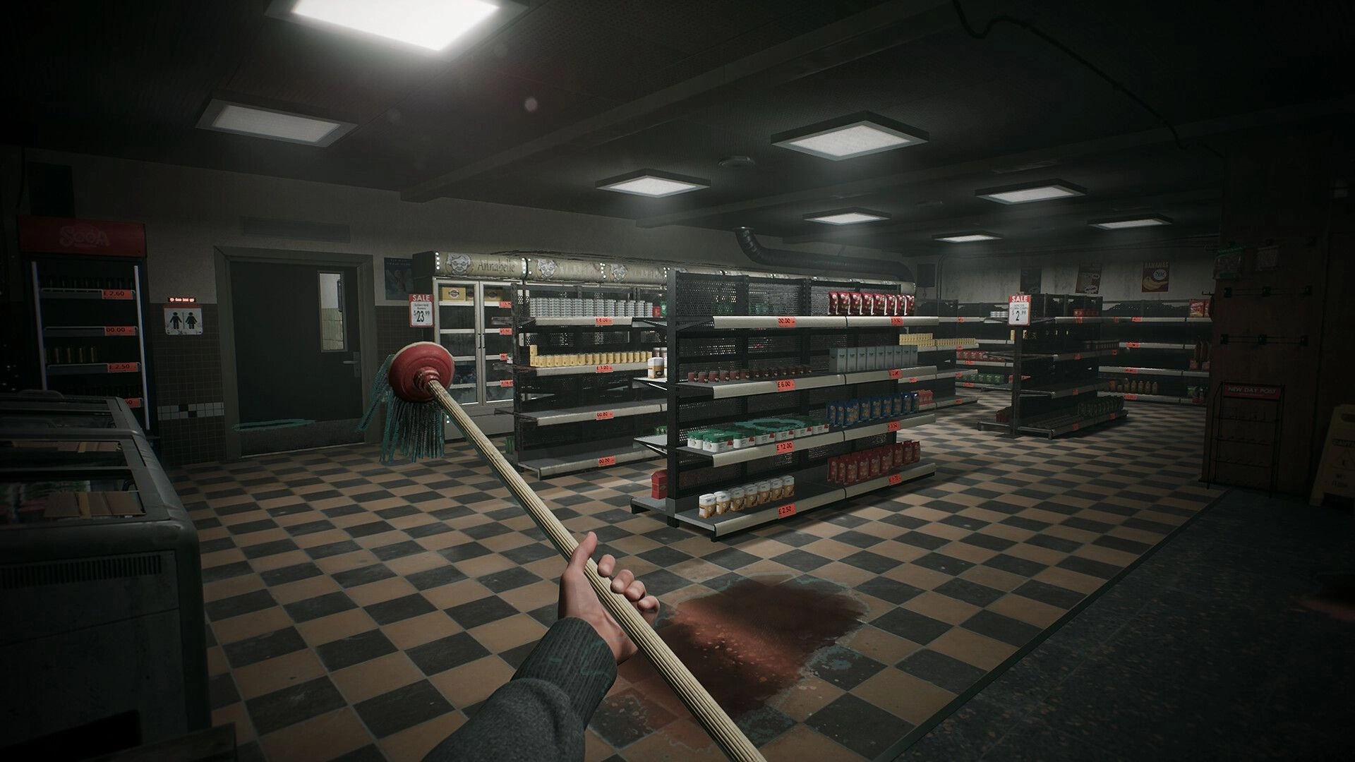 Corner Shop: First-person view holding mop in dimly lit store with shelves and spilled liquid on floor