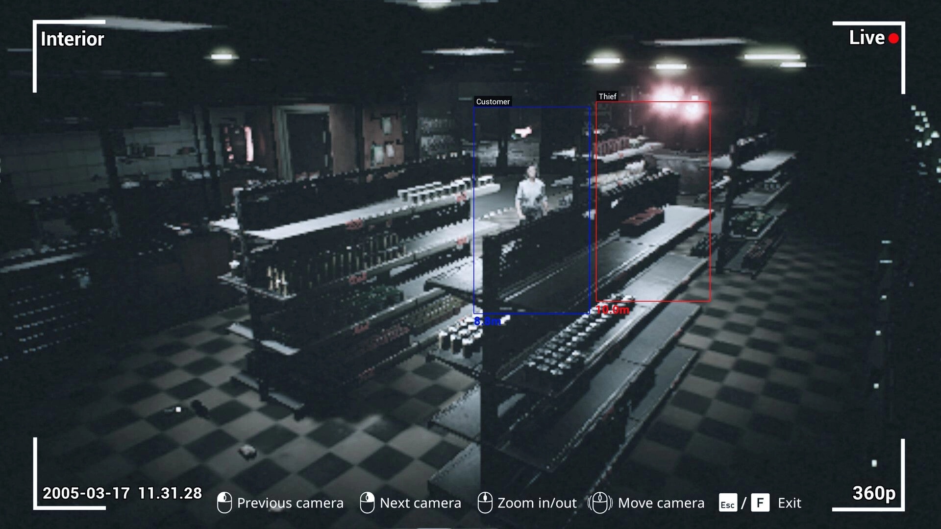 Corner Shop: Surveillance view with customer and thief marked in dimly lit store interior at night.