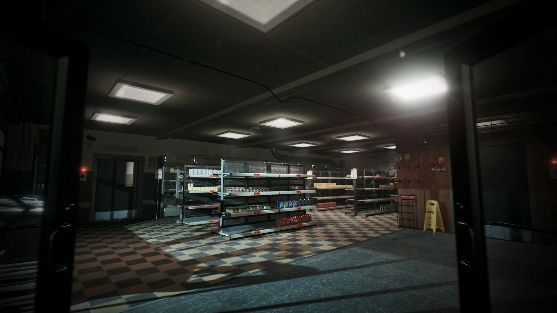 Corner Shop: Empty aisles with stocked shelves in dimly lit convenience store interior at night.