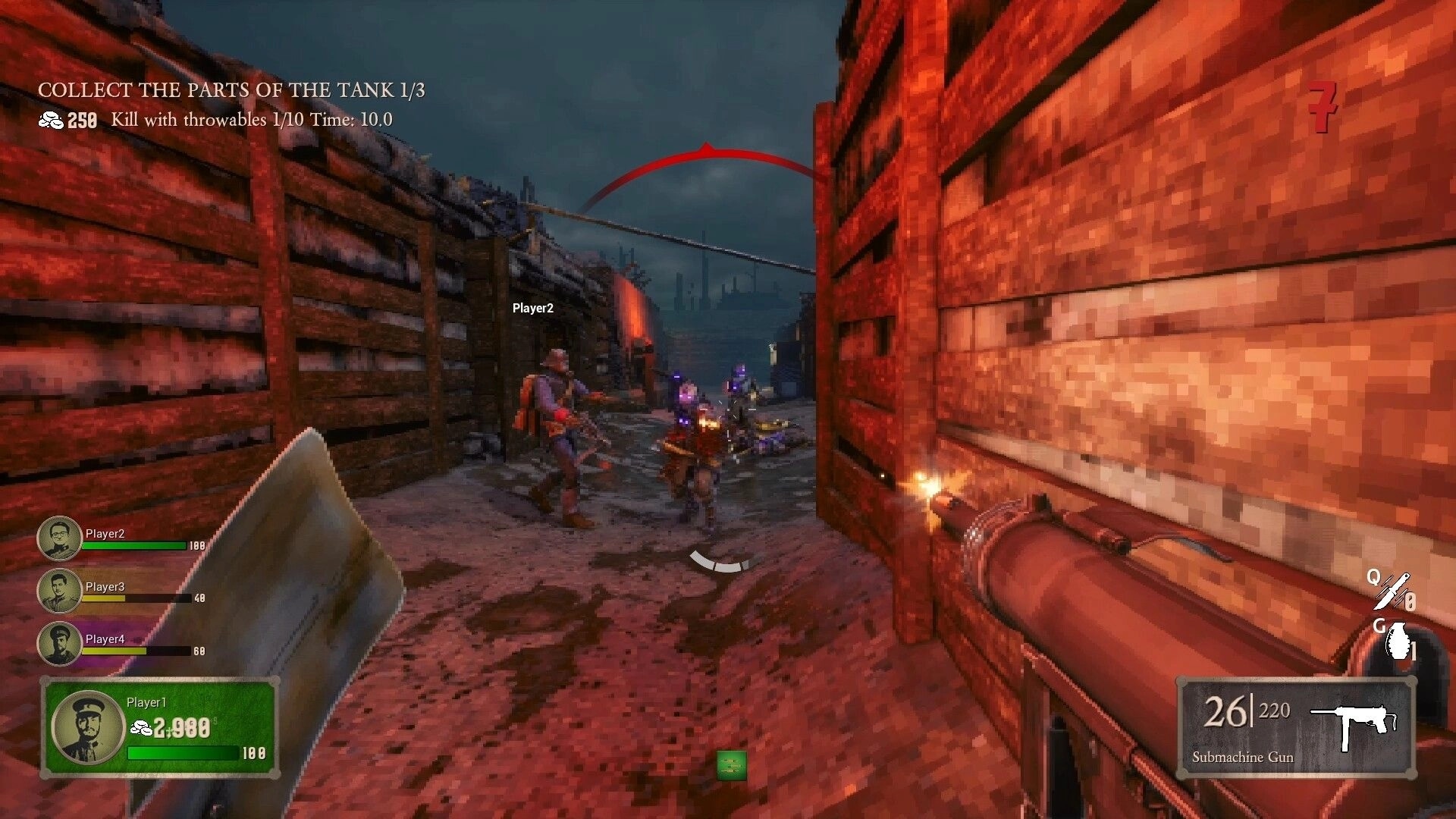 Corrupted Veil: Co-op firefight in muddy trench with submachine gun HUD and tank parts objective text.