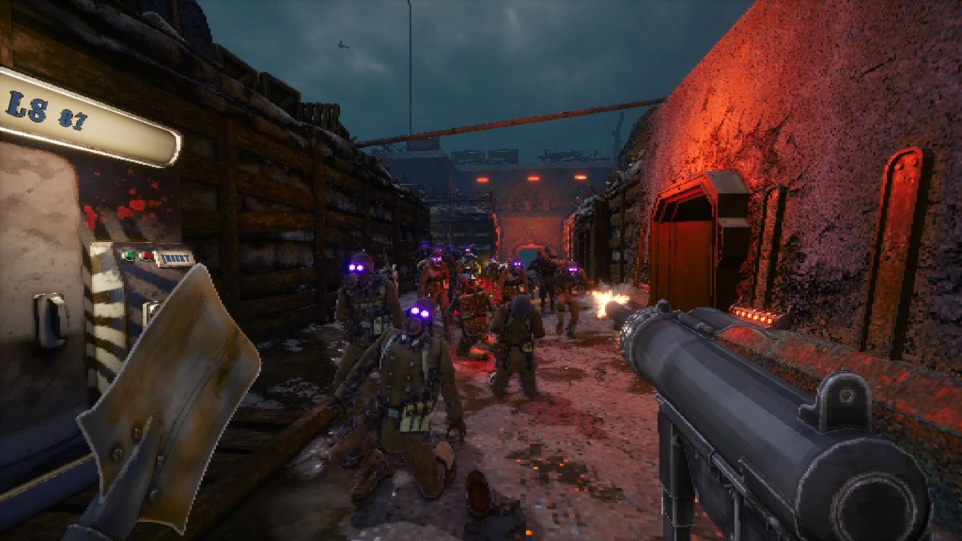 Corrupted Veil: Firing a shotgun at glowing-eyed soldiers in a narrow trench corridor at night.