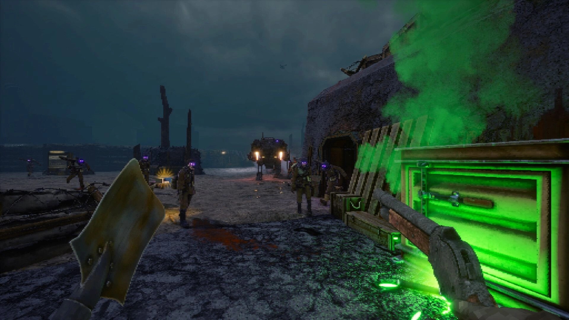 Corrupted Veil: Player aims shotgun at glowing-eyed soldiers by a green crate in a dark trench yard.