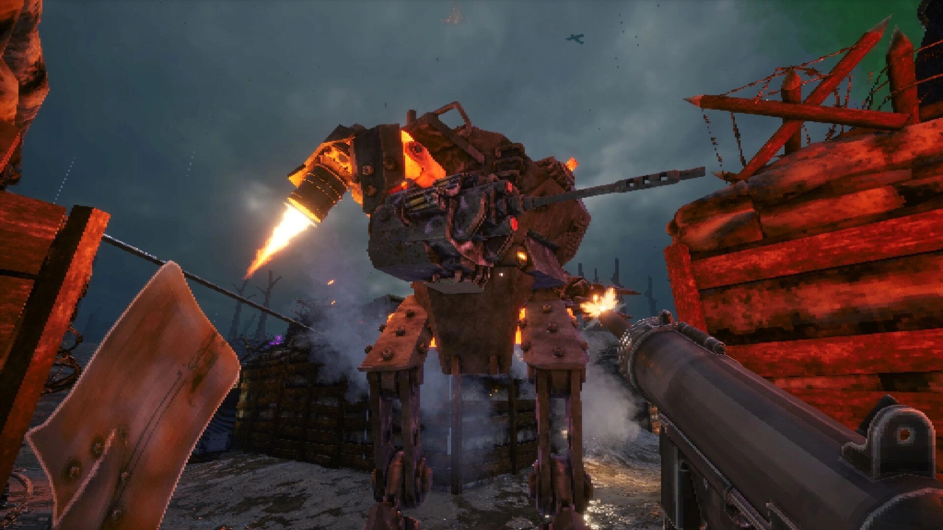 Corrupted Veil: Player aims shotgun at a flaming mech walker in a smoky trench battlefield at dusk.