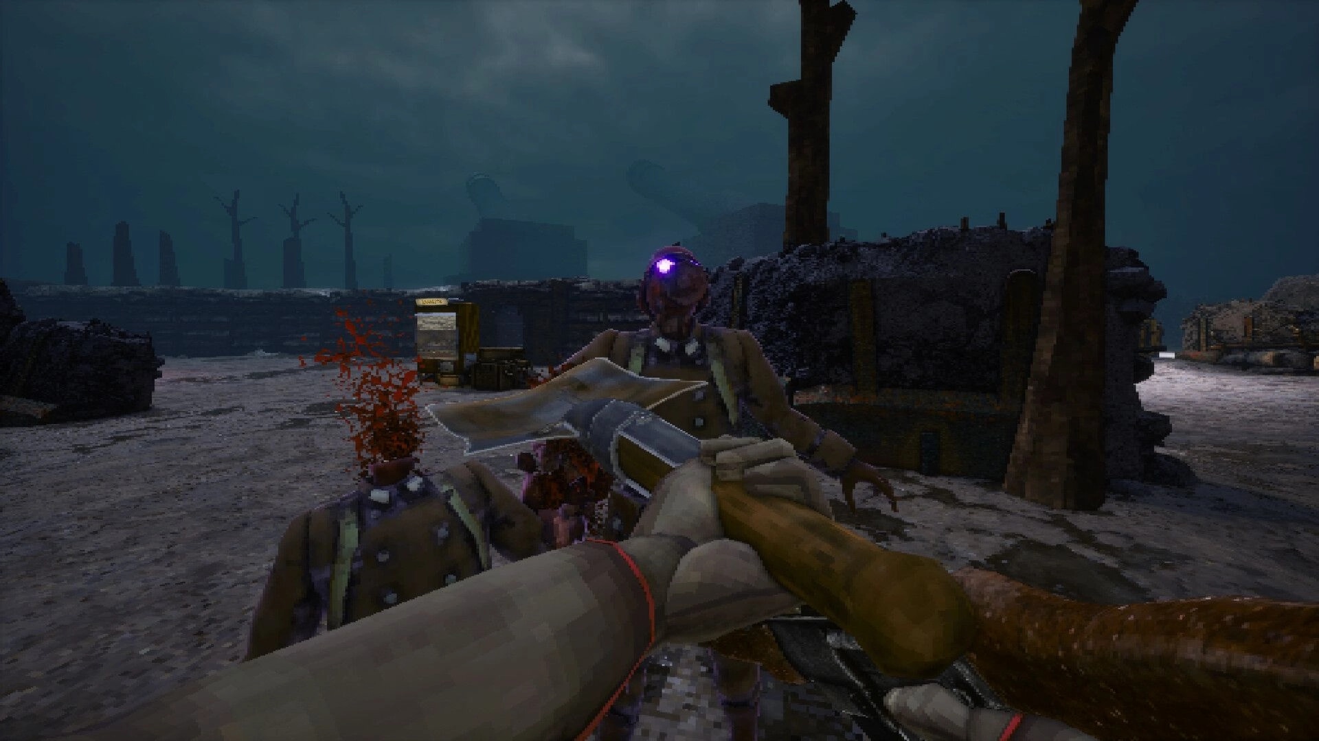 Corrupted Veil: First-person shotgun blast hits a soldier in bleak trench ruins under stormy sky.