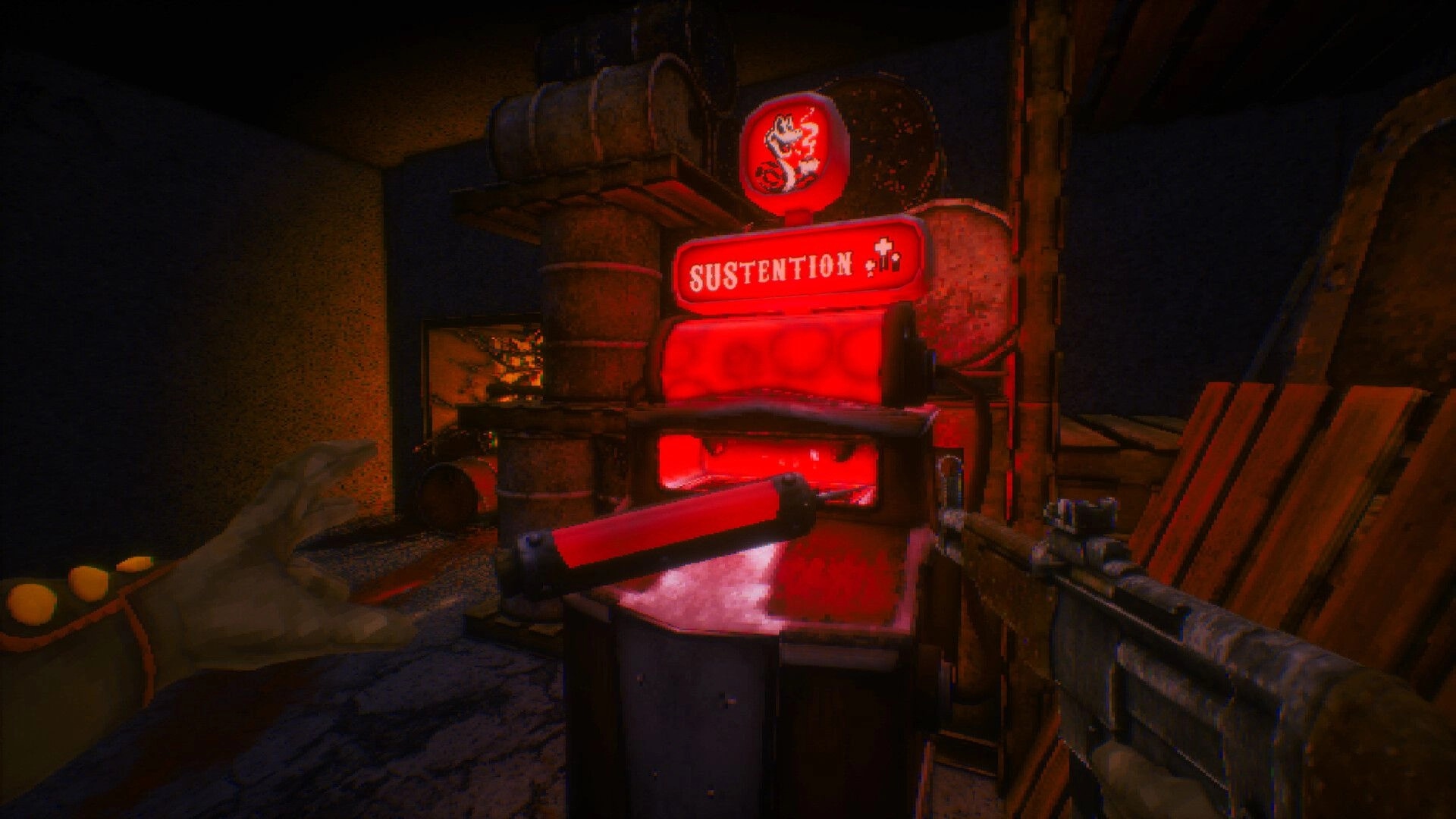 Corrupted Veil: Player aims at glowing red SUSTENTION machine inside a dim, cluttered bunker room.