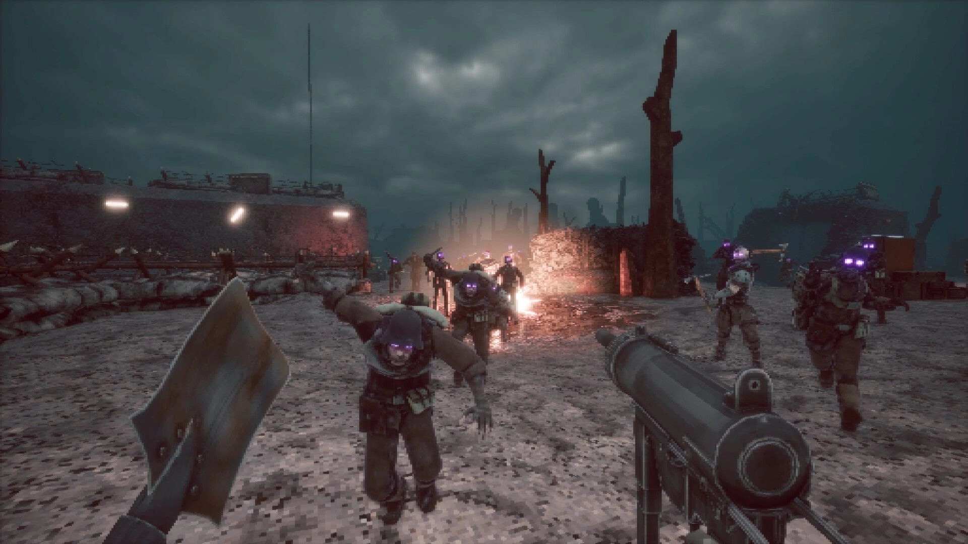 Corrupted Veil: First-person gunfight vs glowing-eyed soldiers in a bleak trench battlefield at night.