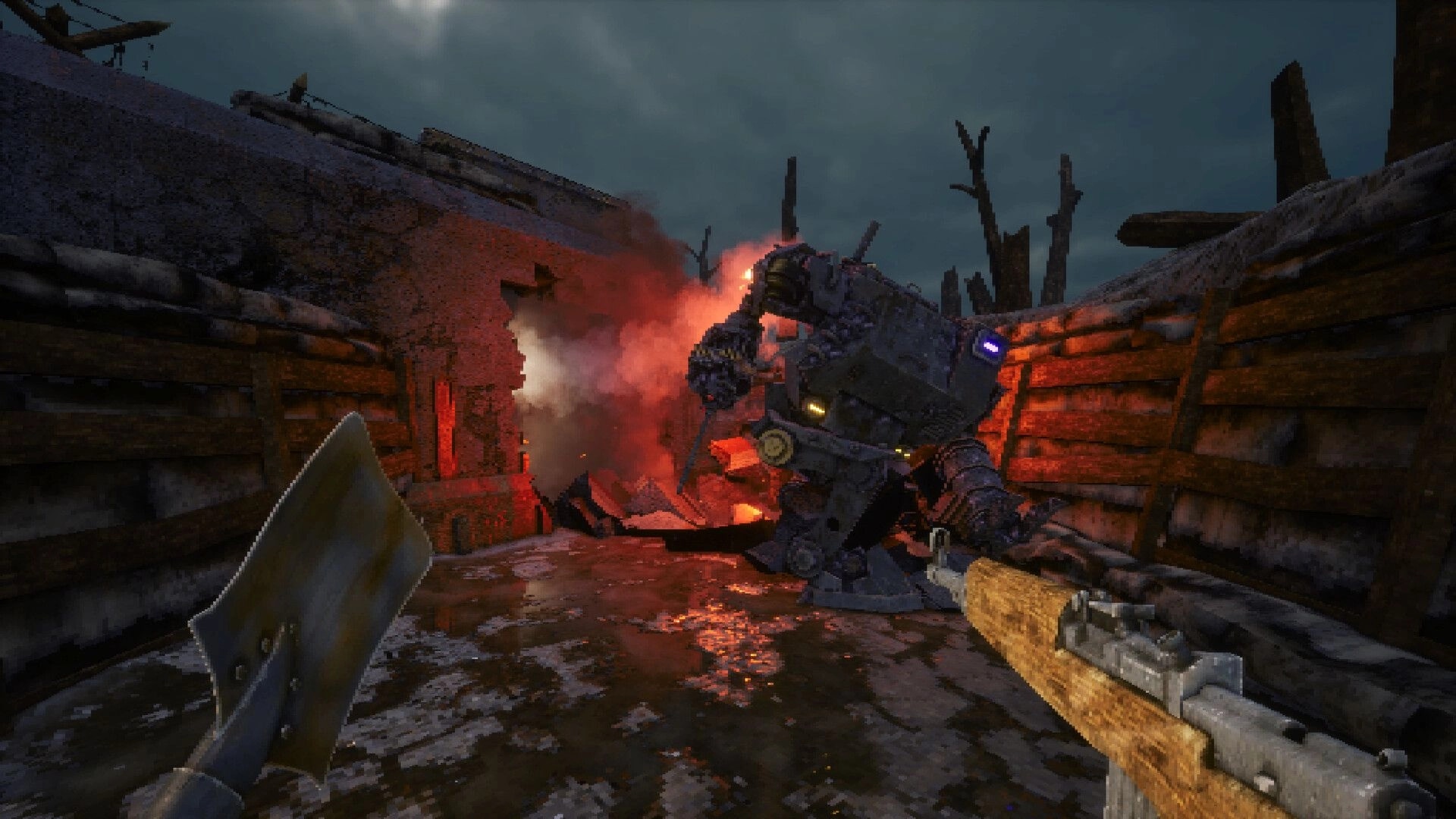 Corrupted Veil: First-person rifle aimed at a hulking mech in a burning trench corridor at dusk.