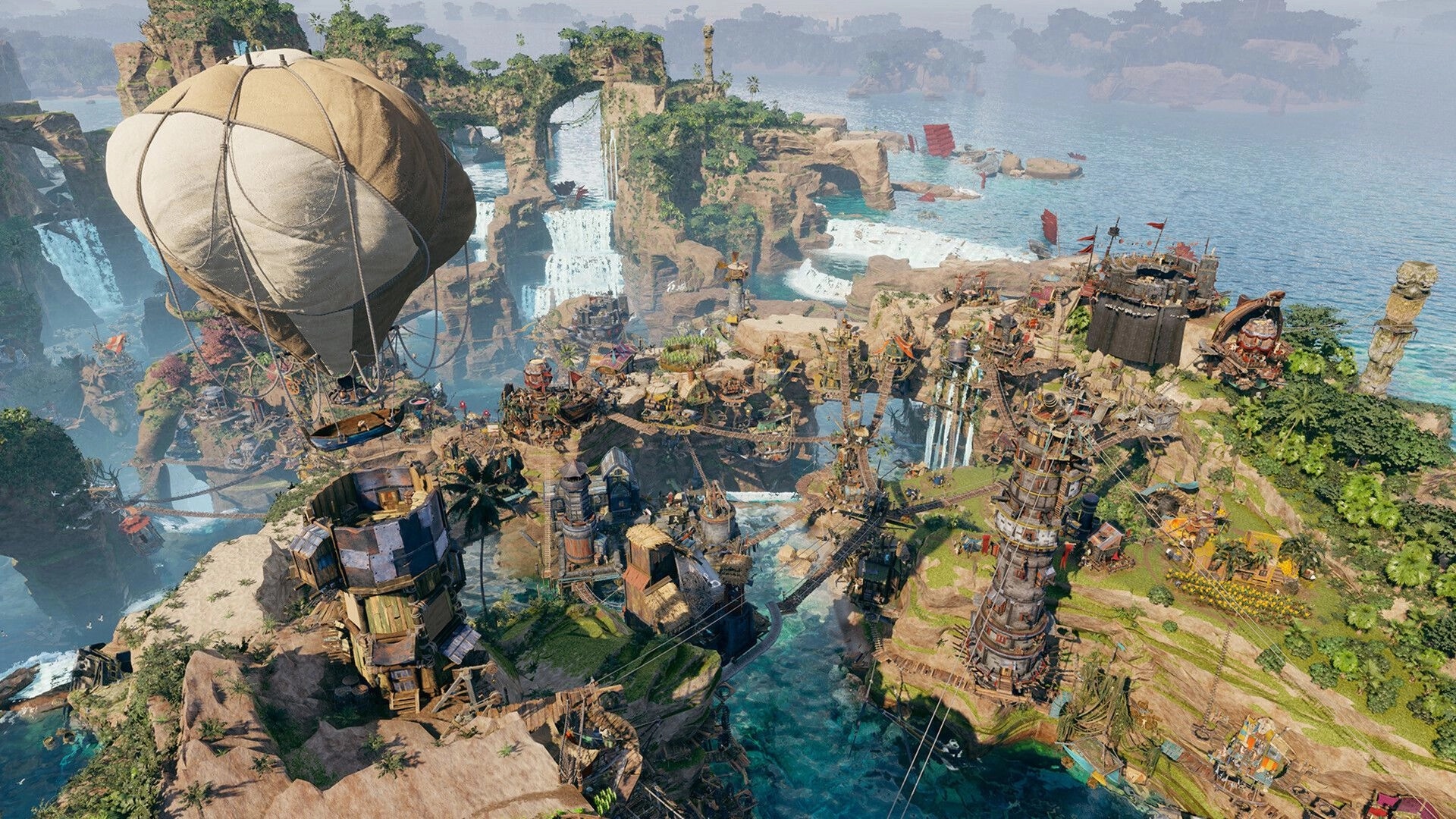 Corsair Cove: Cliffside pirate settlement with airship balloon, towers and bridges above waterfalls and sea.