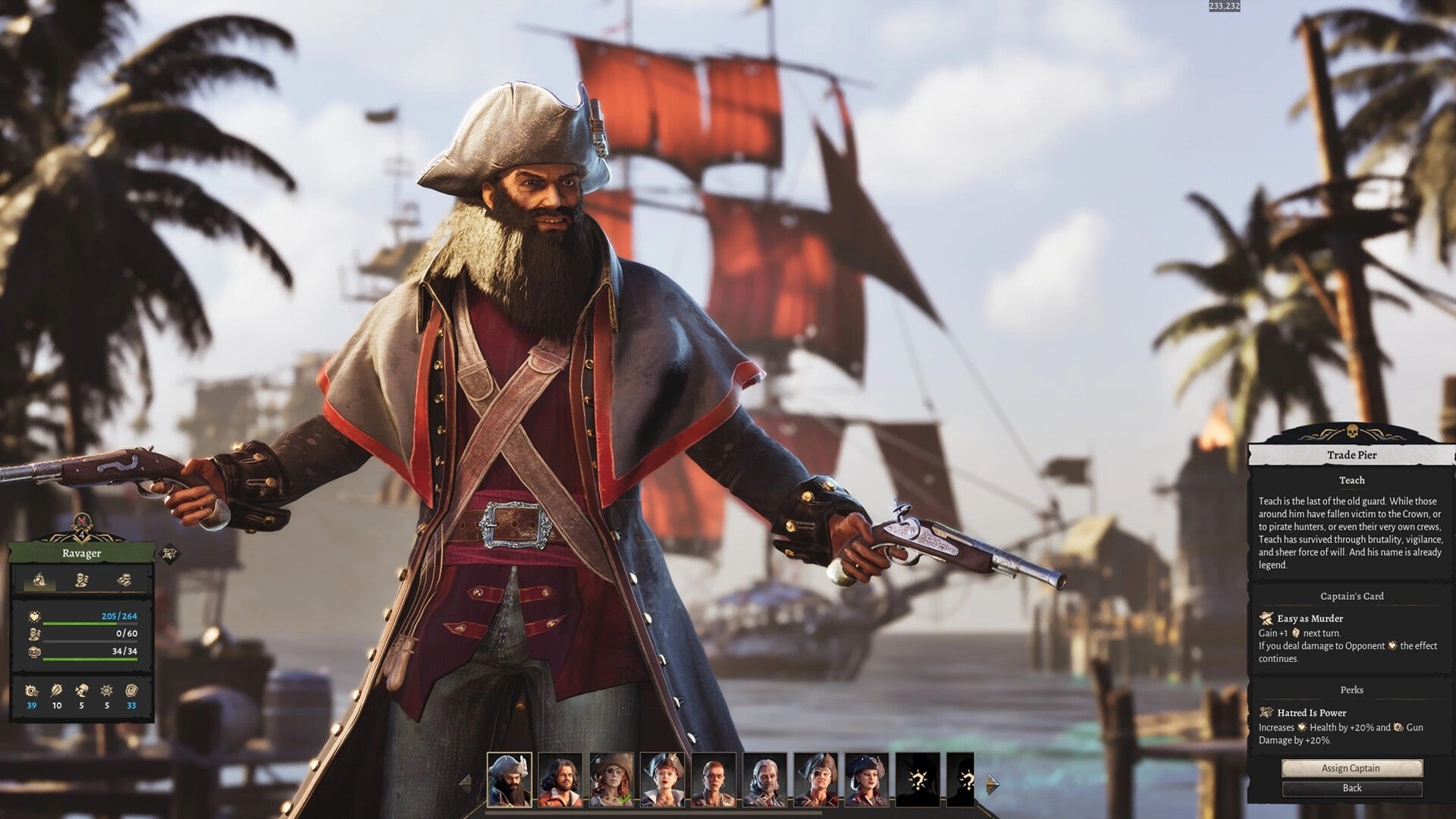 Corsair Cove: Captain selection UI with Teach dual-wielding pistols on a pier before red-sailed ship.