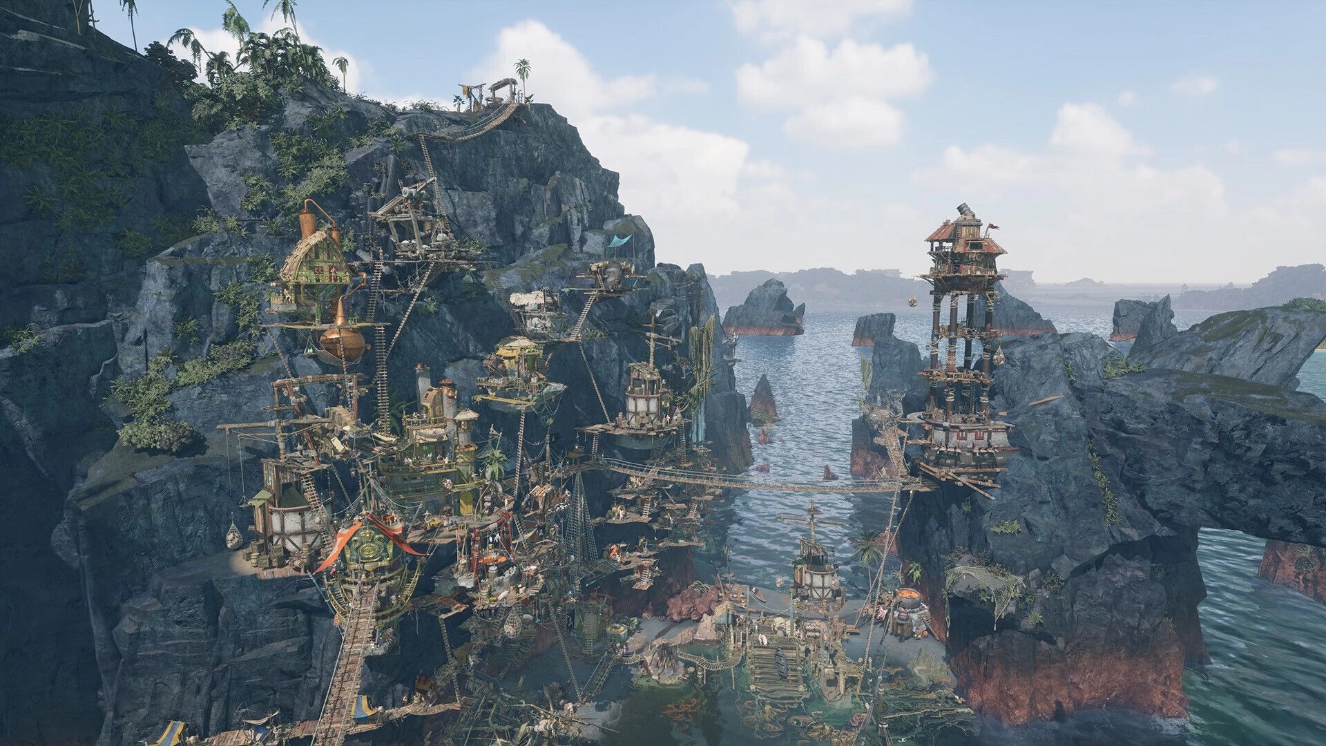 Corsair Cove: Cliffside pirate settlement with rope bridges and shacks spanning rocky sea inlet.