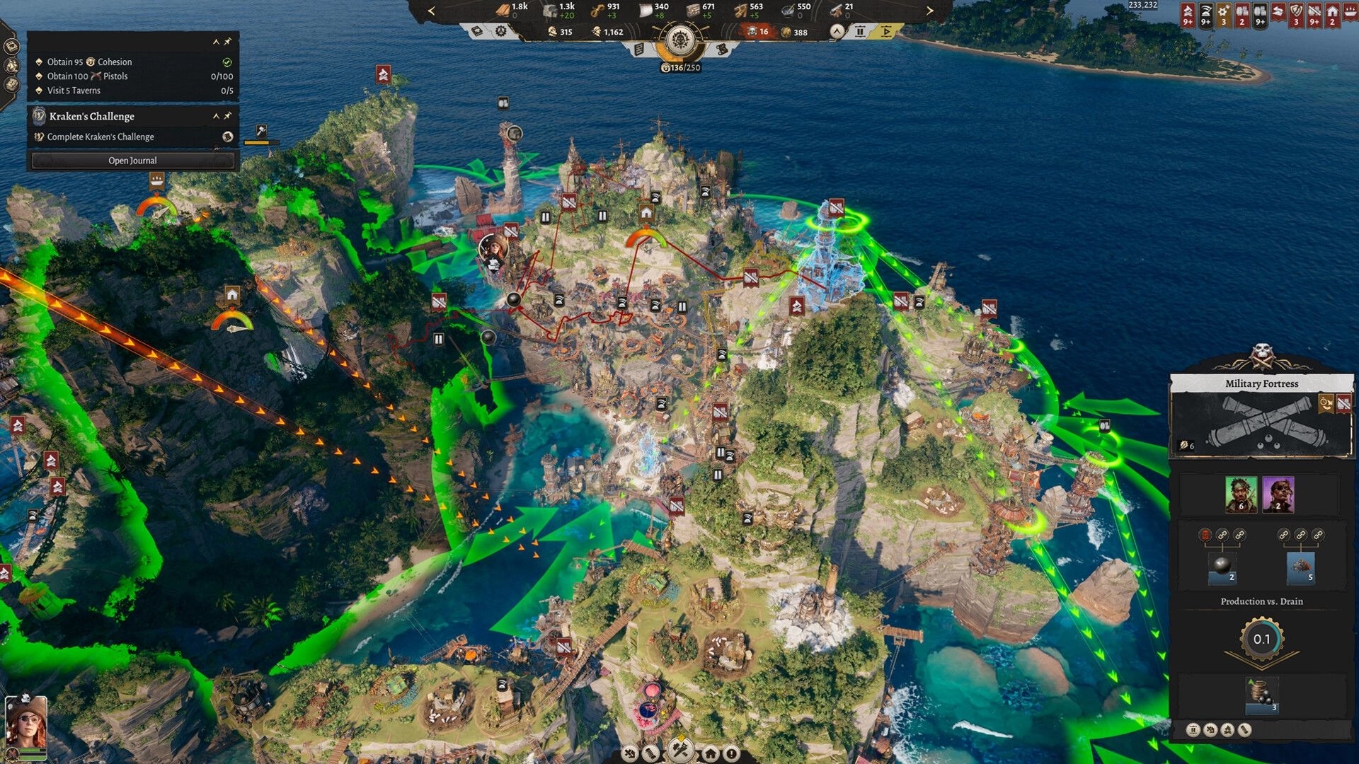 Corsair Cove: Island base overview with green route overlays and Military Fortress panel on rocky coast.