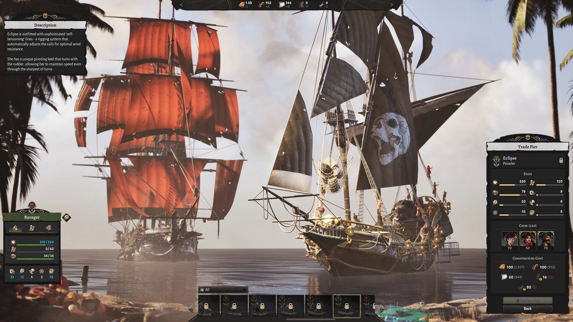 Corsair Cove: Trade Pier ship stats panel with pirate crews beside two docked sailing ships at sea.