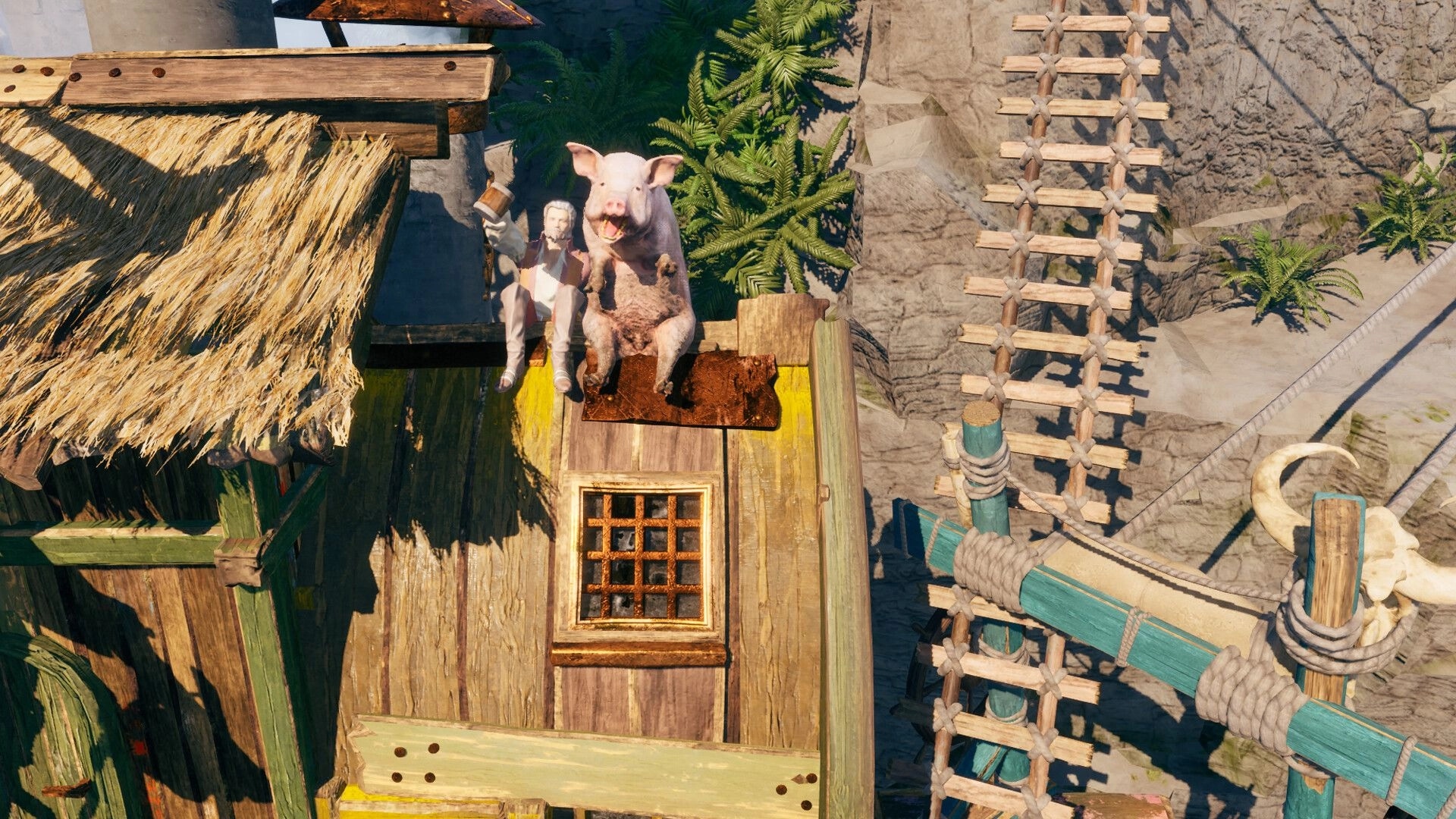 Corsair Cove: Pirate sits beside a pig atop a wooden shack roof near rope ladder and cliffside docks.
