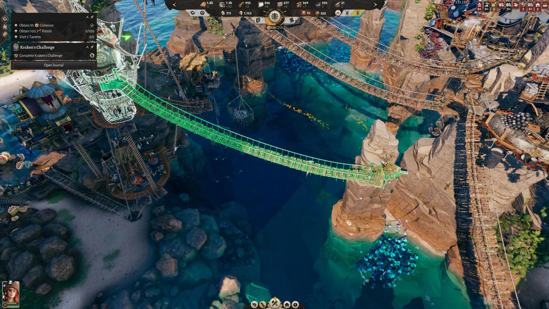 Corsair Cove: Placing a rope bridge blueprint across a rocky inlet, with quest log and resource UI visible.