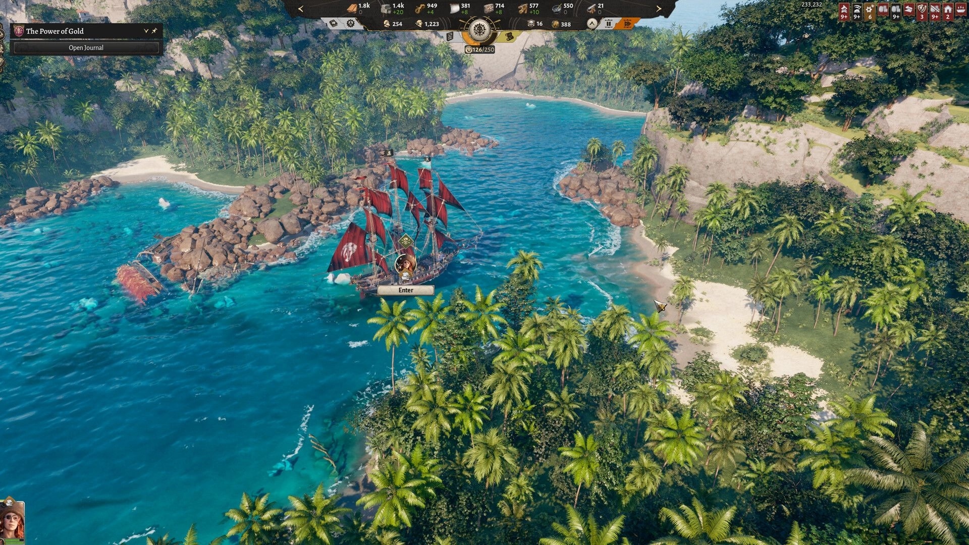 Corsair Cove: Red-sailed ship with Enter prompt in palm-lined lagoon, resource UI and quest bar visible.