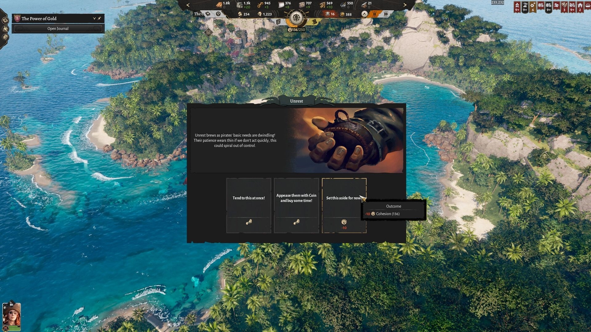 Corsair Cove: Unrest event popup with choices and cohesion penalty over a tropical island coastline map.